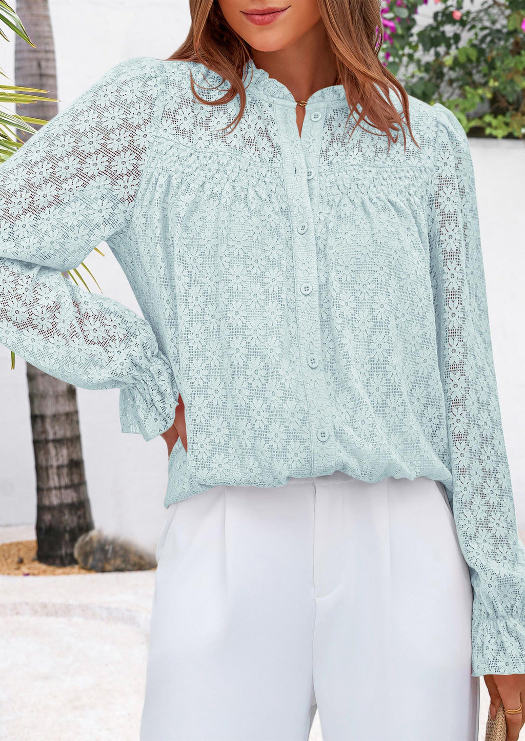 Lace Long Sleeve Tops for Women Eyelet Blouses Dressy Casual Hollow Out Button Down Shirts Summer Outfits