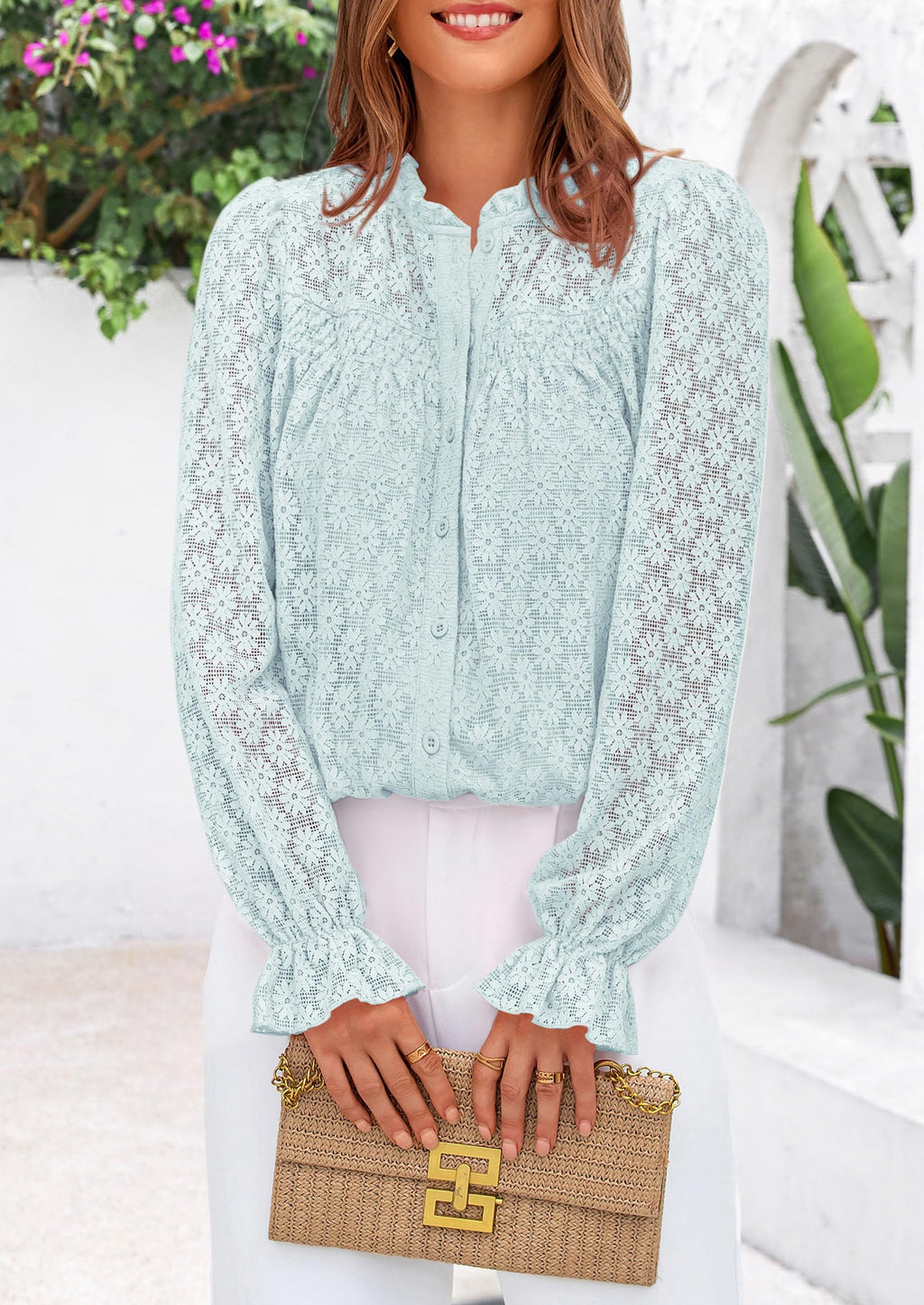 Lace Long Sleeve Tops for Women Eyelet Blouses Dressy Casual Hollow Out Button Down Shirts Summer Outfits