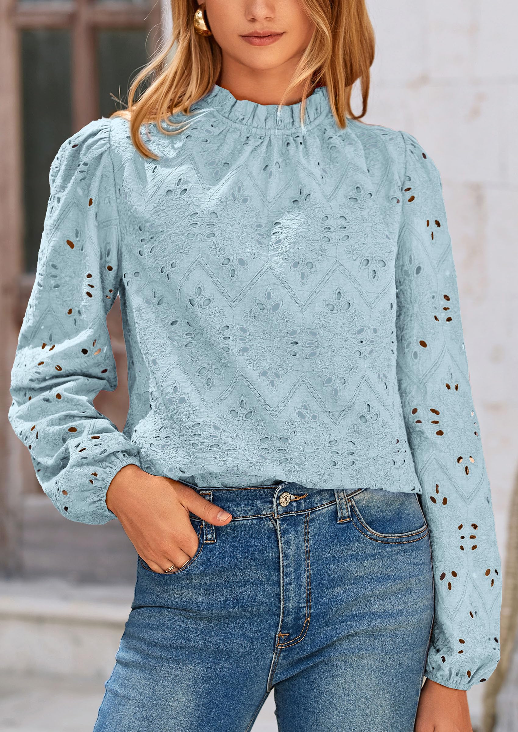 Womens Tops Dressy Casual Spring Long Sleeve Shirts Embroidered Eyelet Blouses Going Out Outfits