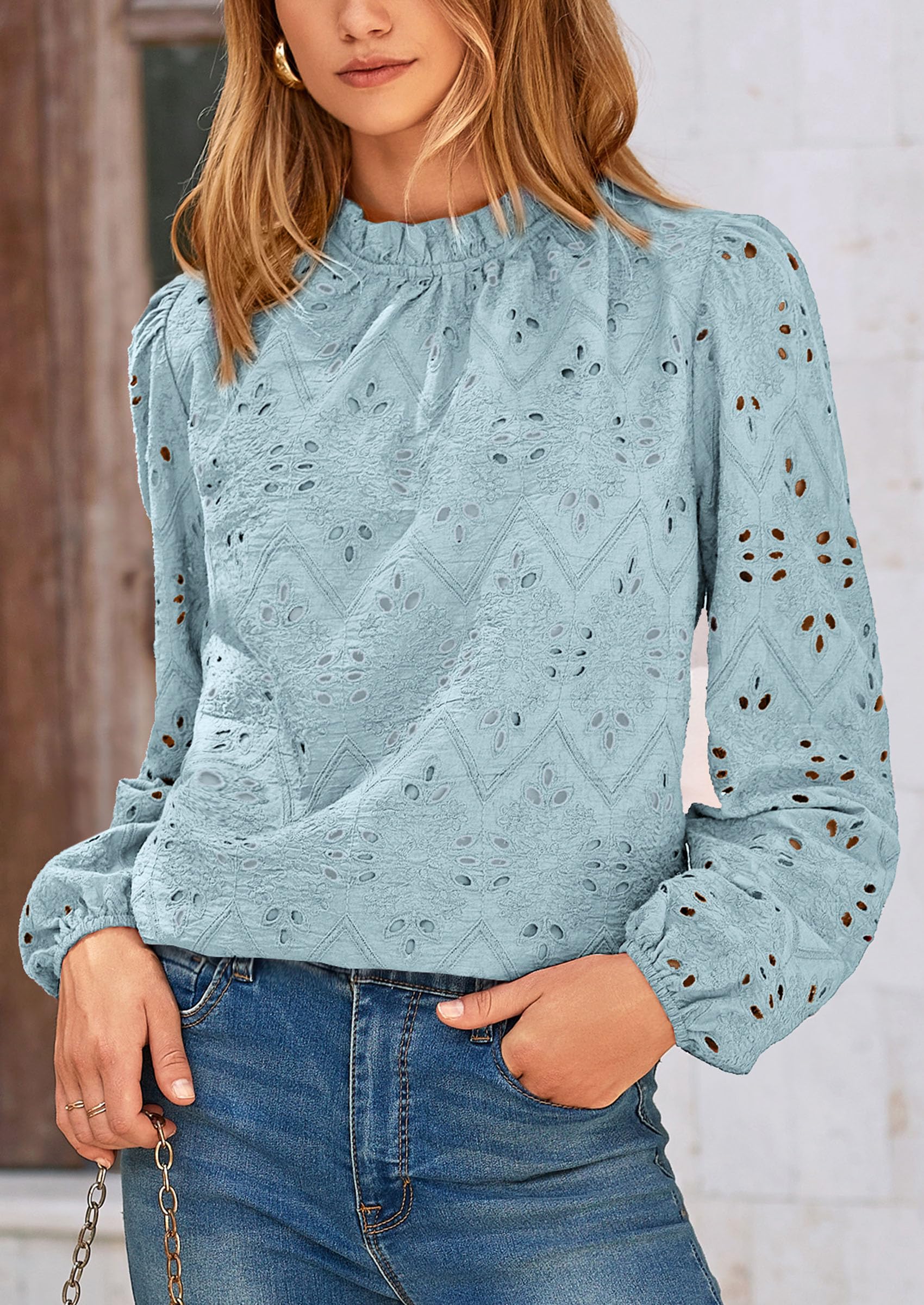 Womens Tops Dressy Casual Spring Long Sleeve Shirts Embroidered Eyelet Blouses Going Out Outfits