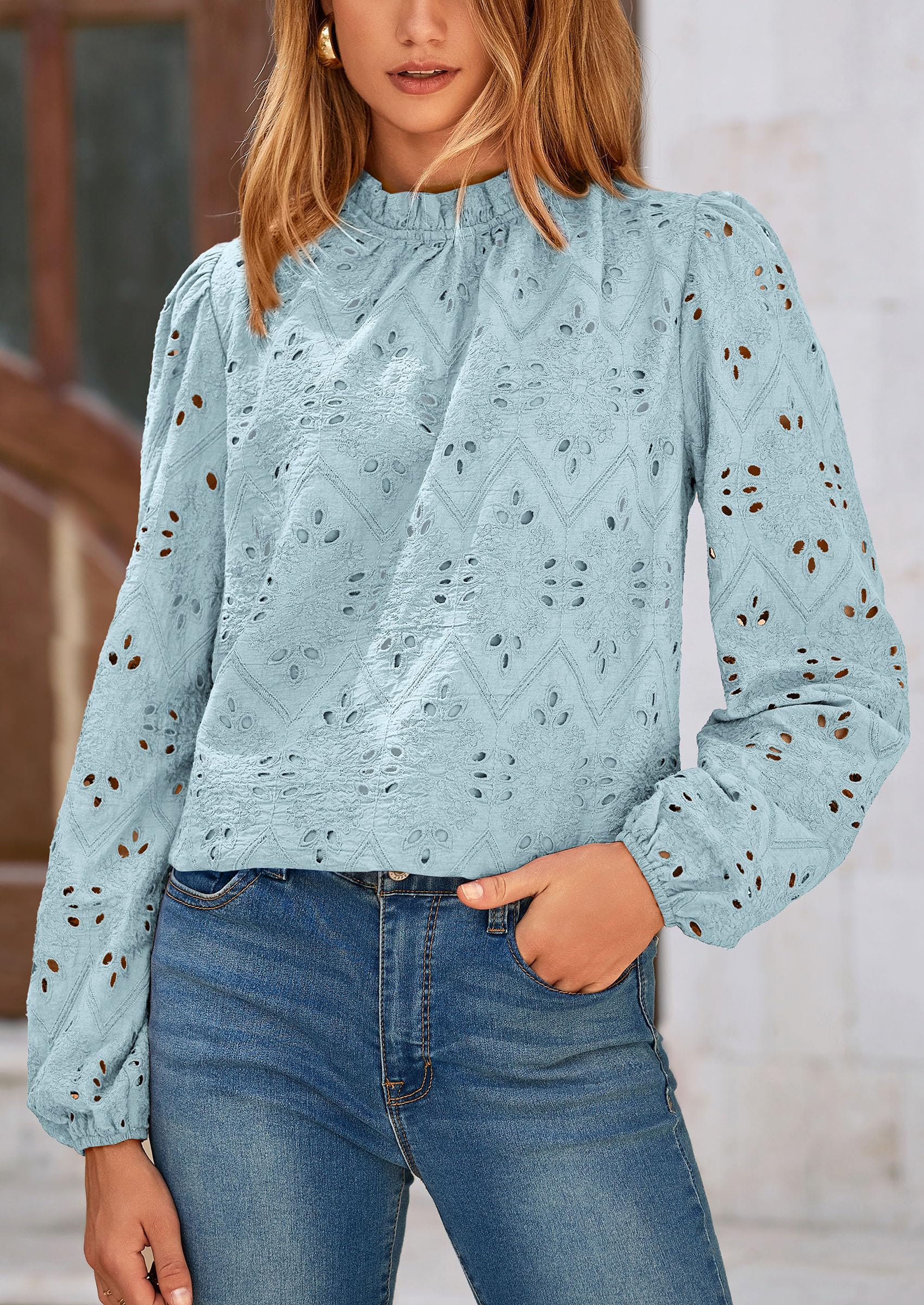 Womens Tops Dressy Casual Spring Long Sleeve Shirts Embroidered Eyelet Blouses Going Out Outfits