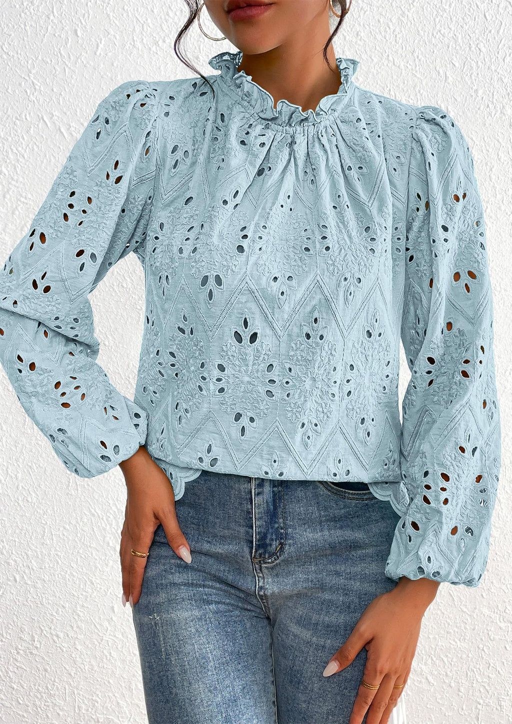 Womens Tops Dressy Casual Spring Long Sleeve Shirts Embroidered Eyelet Blouses Going Out Outfits
