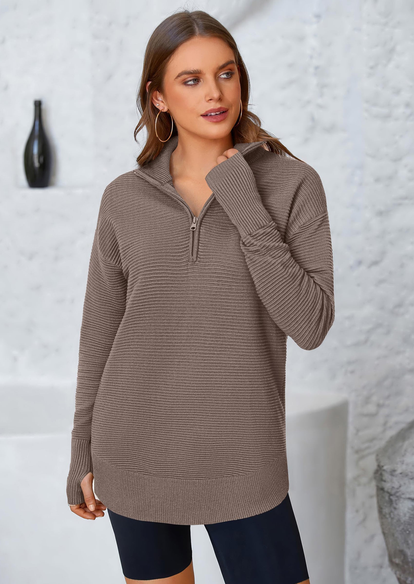 Womens Long Sleeve Quarter Zip Pullover Sweater Casual Loose V Neck Collared Ribbed Knit Jumper Tops Thumb Hole
