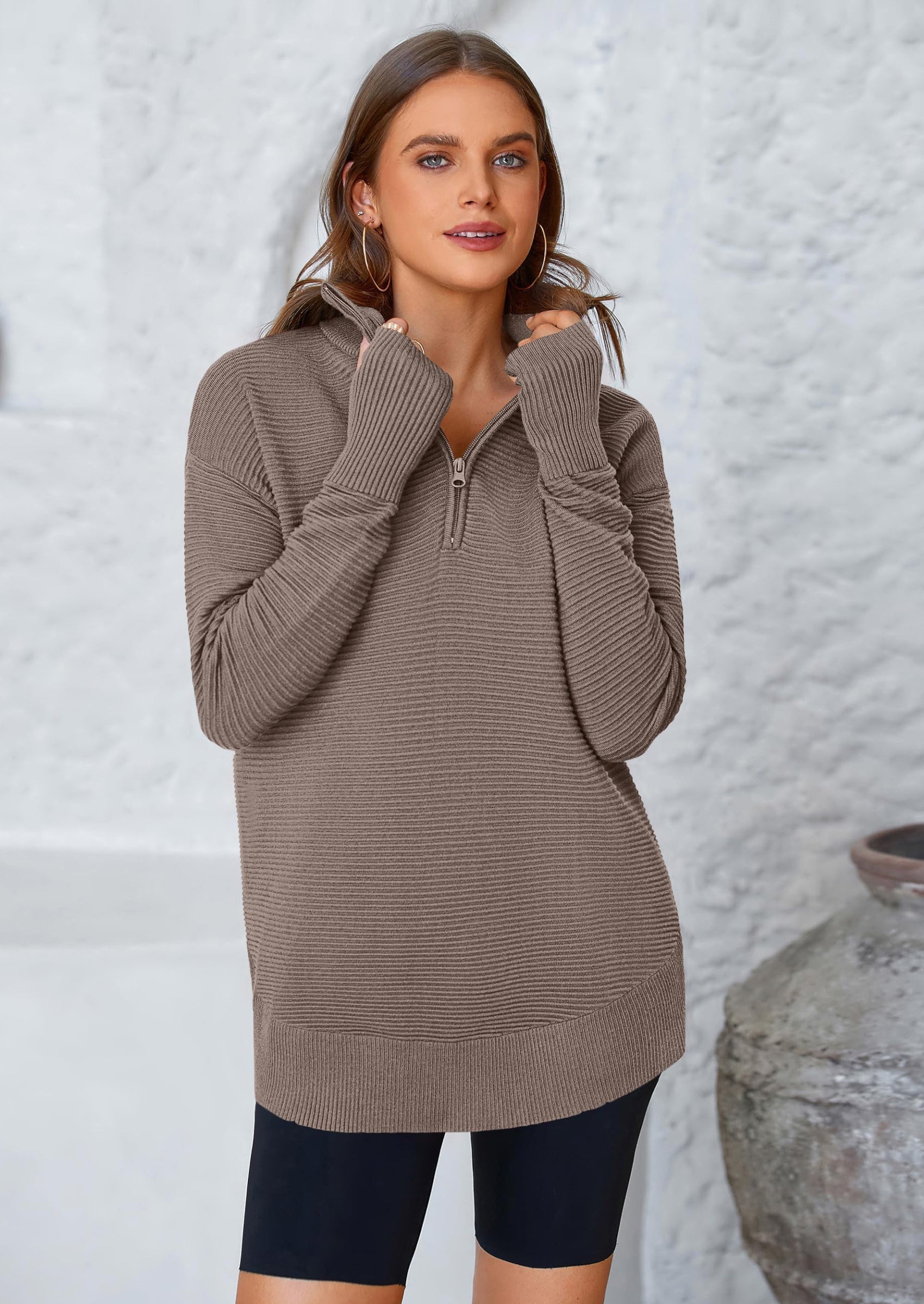 Womens Long Sleeve Quarter Zip Pullover Sweater Casual Loose V Neck Collared Ribbed Knit Jumper Tops Thumb Hole