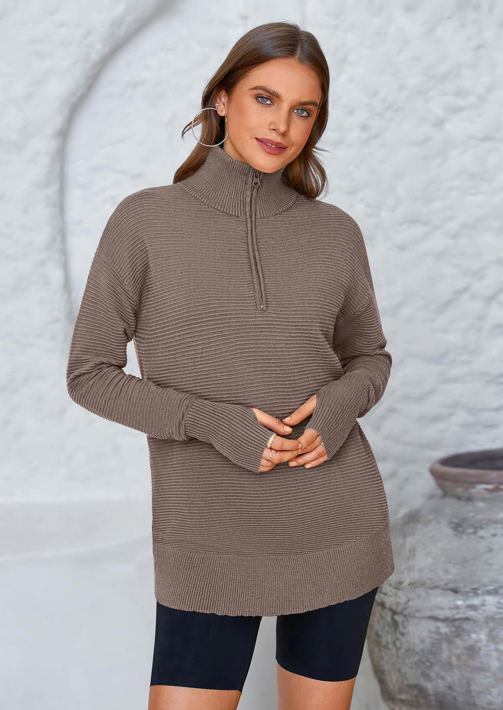 Womens Long Sleeve Quarter Zip Pullover Sweater Casual Loose V Neck Collared Ribbed Knit Jumper Tops Thumb Hole