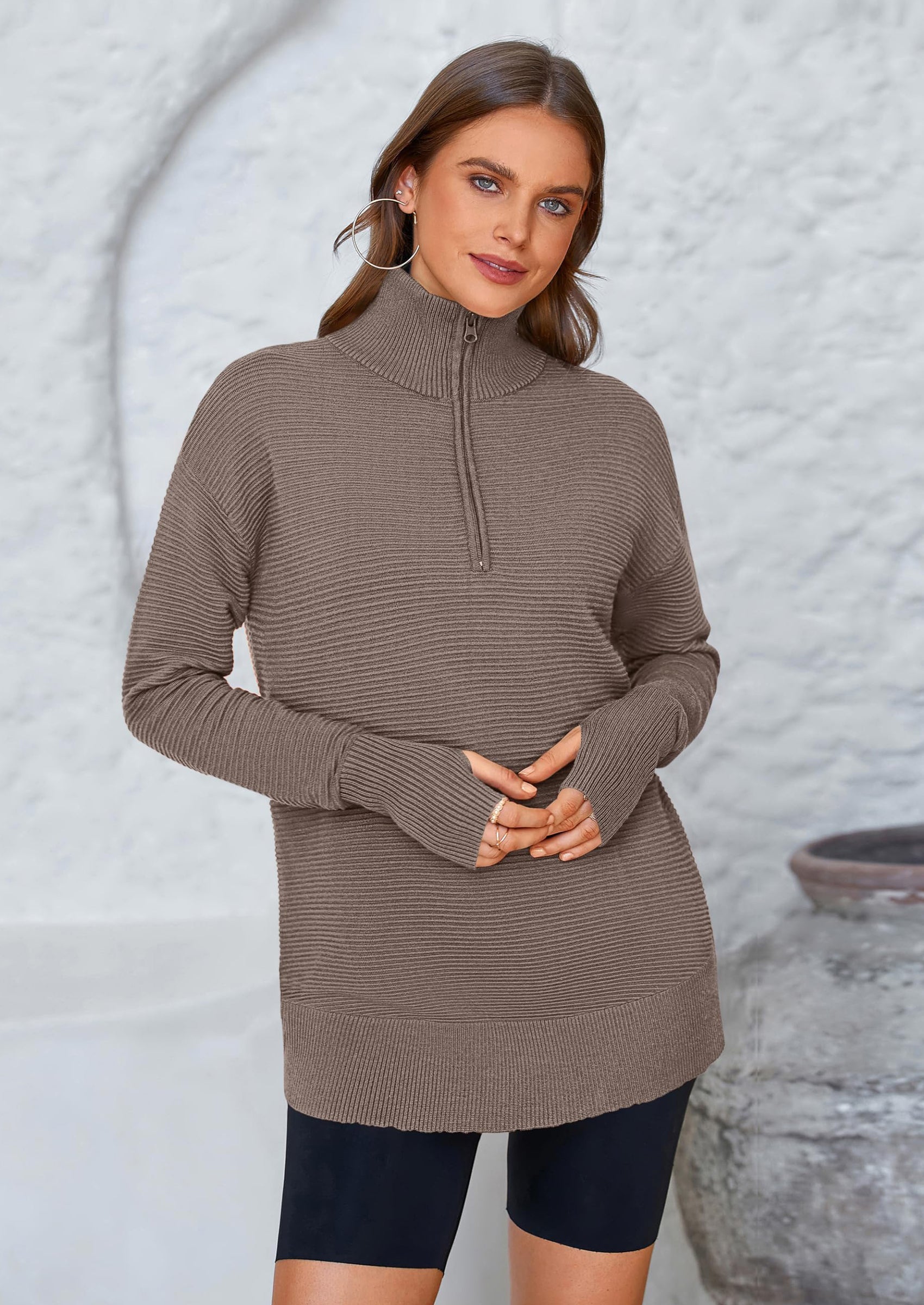 Womens Long Sleeve Quarter Zip Pullover Sweater Casual Loose V Neck Collared Ribbed Knit Jumper Tops Thumb Hole