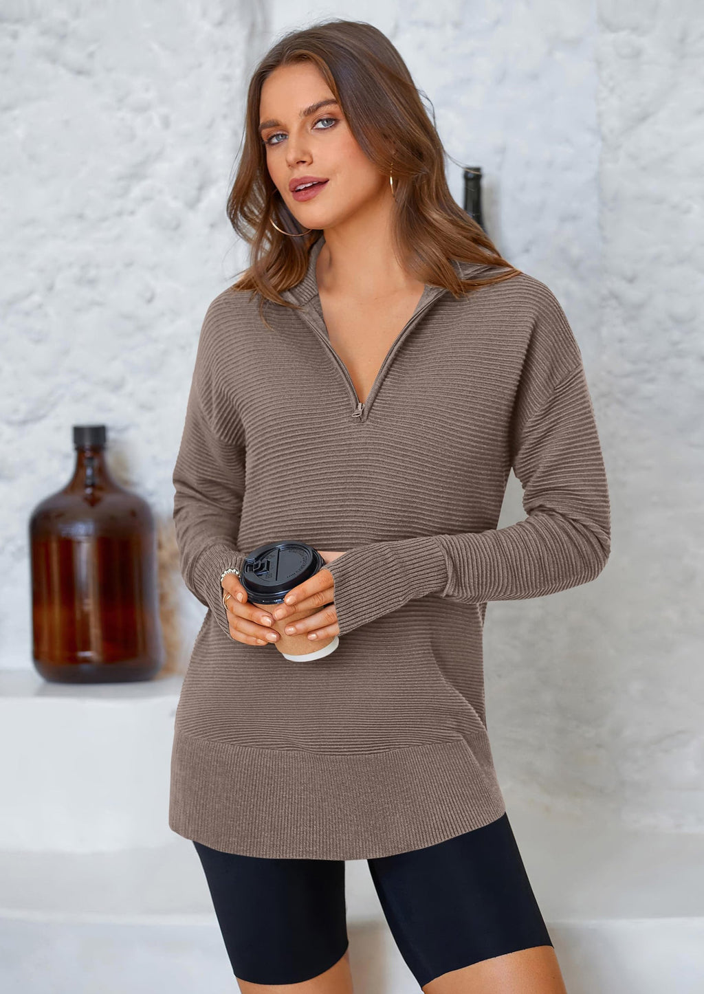 Womens Long Sleeve Quarter Zip Pullover Sweater Casual Loose V Neck Collared Ribbed Knit Jumper Tops Thumb Hole