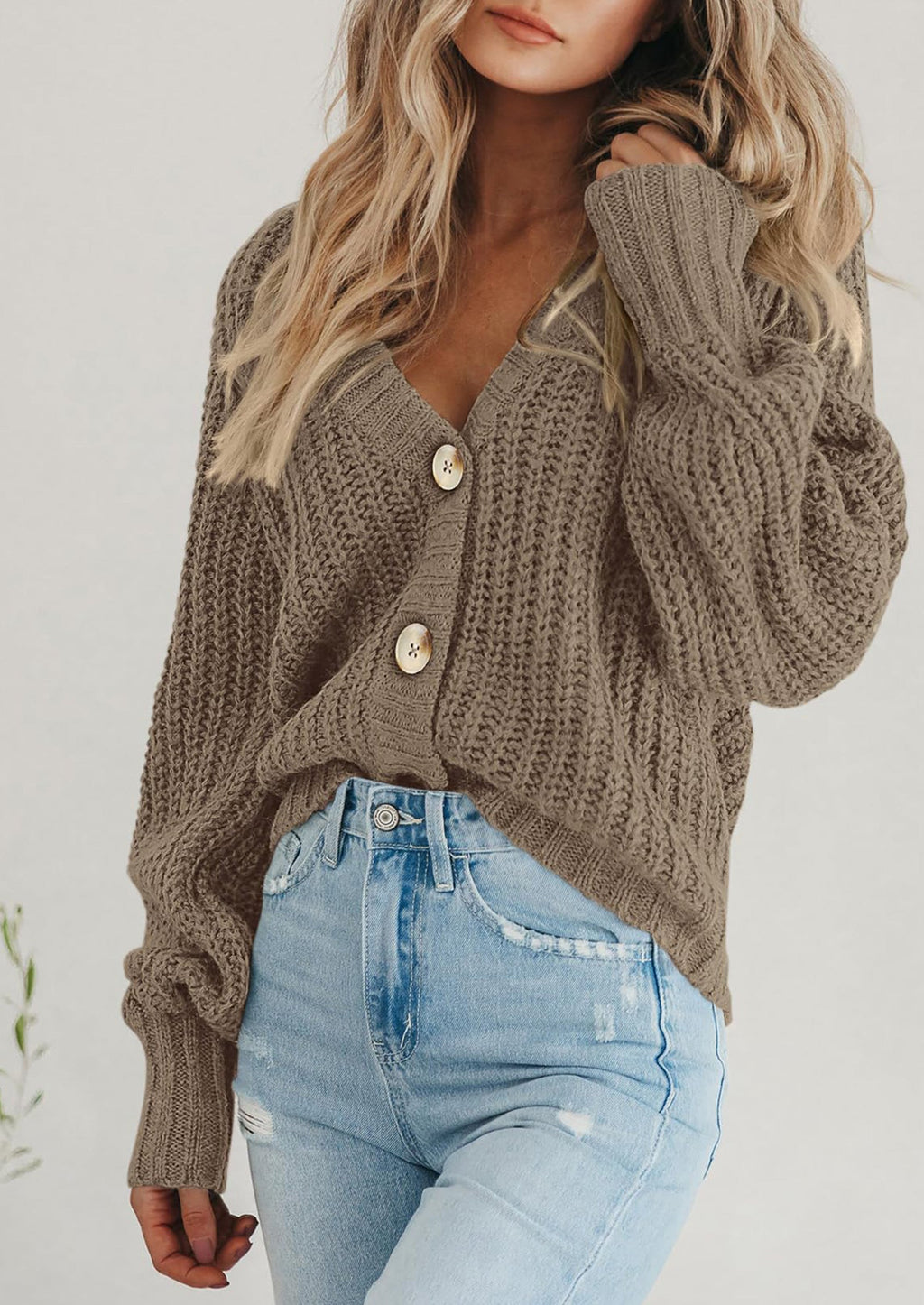 Women's Chunky Knit Open Front Sweater Long Sleeve Button Loose Short Cardigan Outerwear Coats