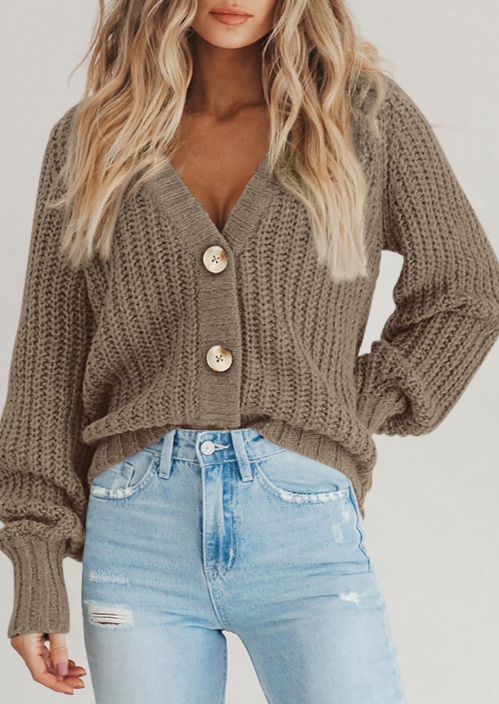 Women's Chunky Knit Open Front Sweater Long Sleeve Button Loose Short Cardigan Outerwear Coats
