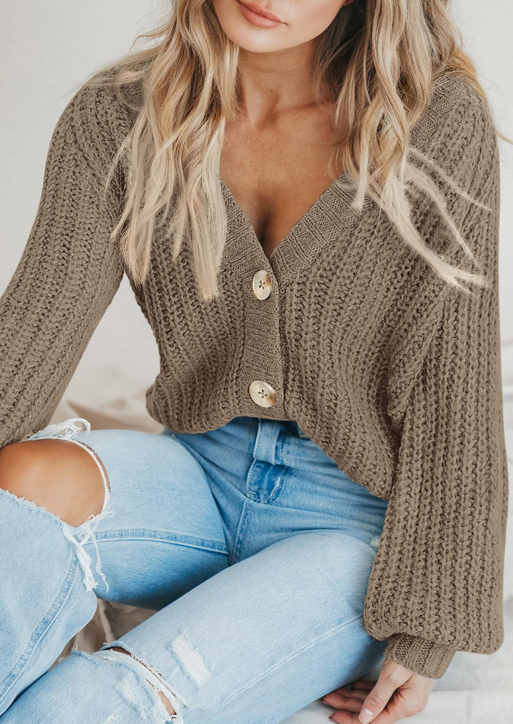 Women's Chunky Knit Open Front Sweater Long Sleeve Button Loose Short Cardigan Outerwear Coats