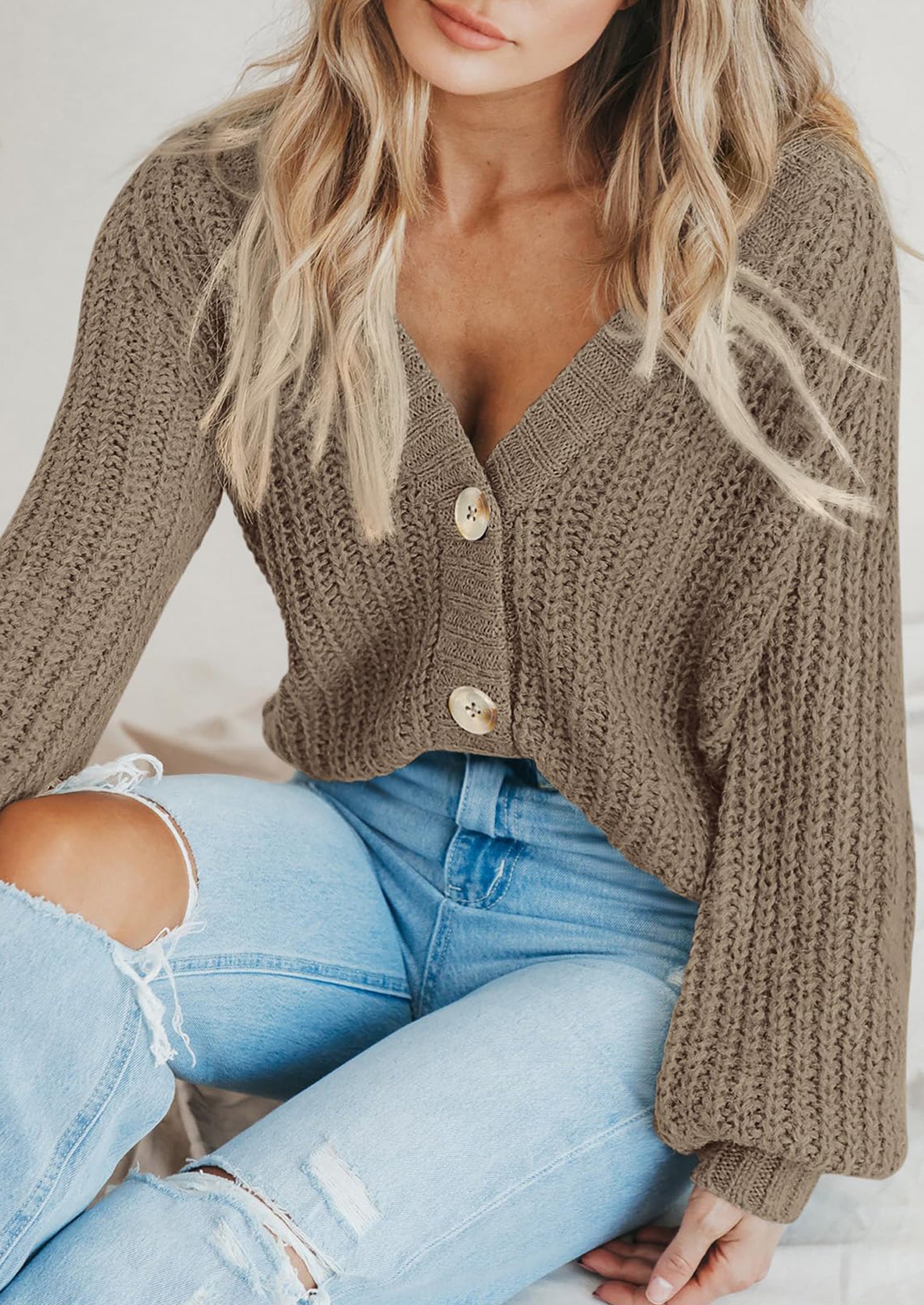 Women's Chunky Knit Open Front Sweater Long Sleeve Button Loose Short Cardigan Outerwear Coats