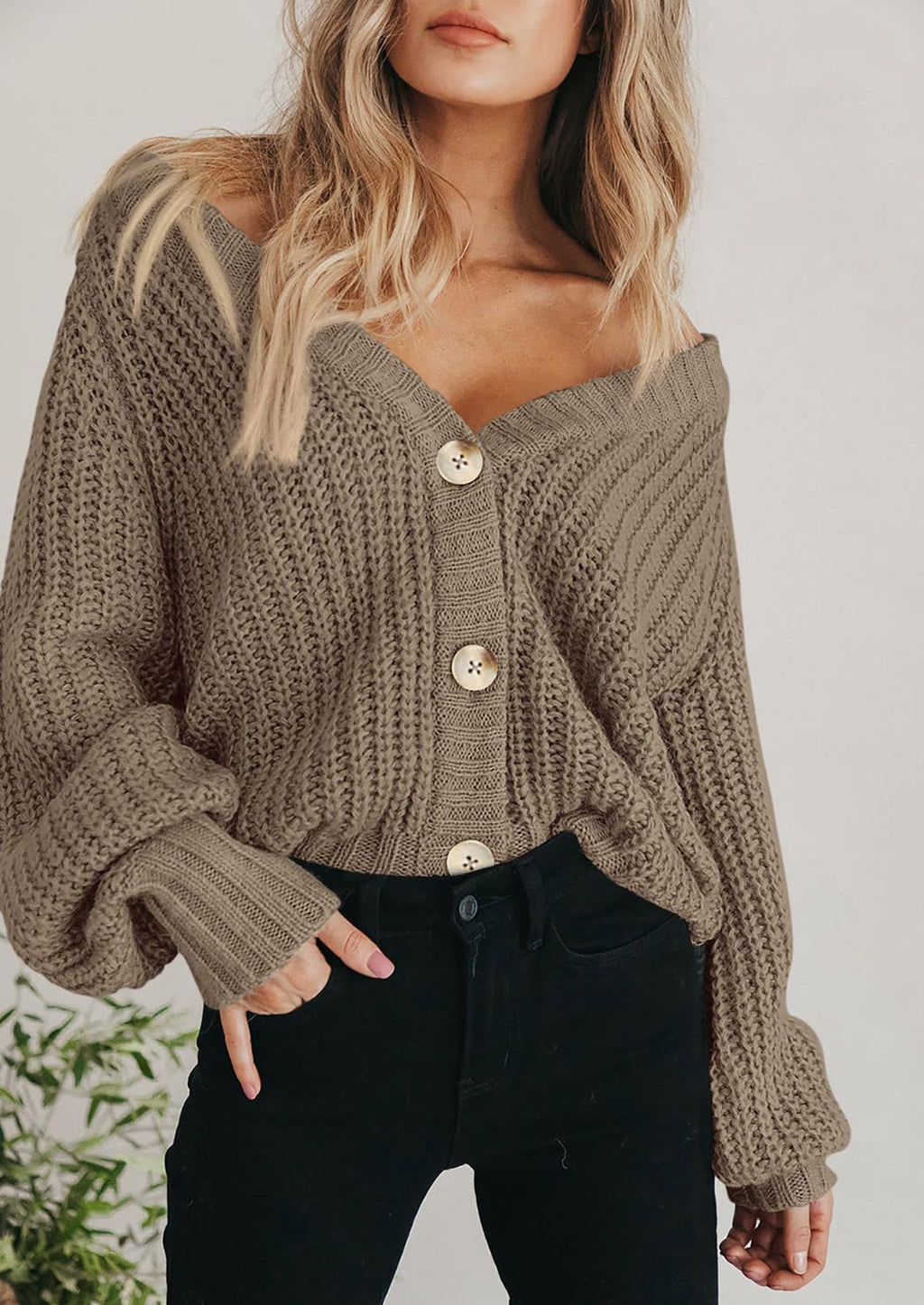 Women's Chunky Knit Open Front Sweater Long Sleeve Button Loose Short Cardigan Outerwear Coats