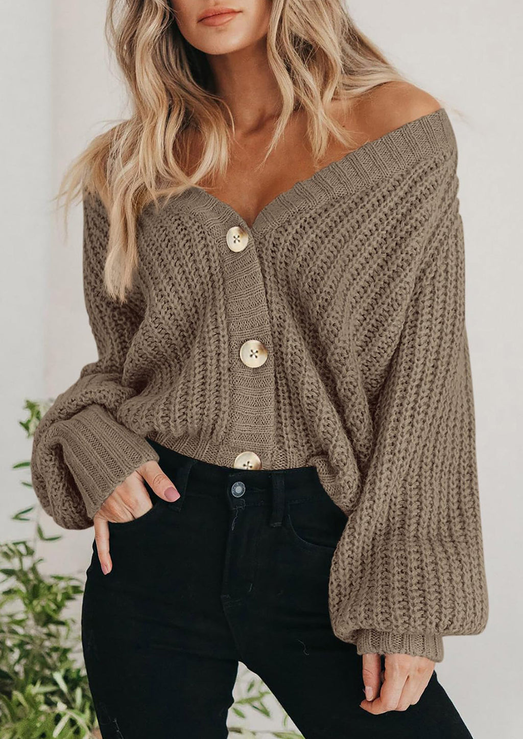 Women's Chunky Knit Open Front Sweater Long Sleeve Button Loose Short Cardigan Outerwear Coats