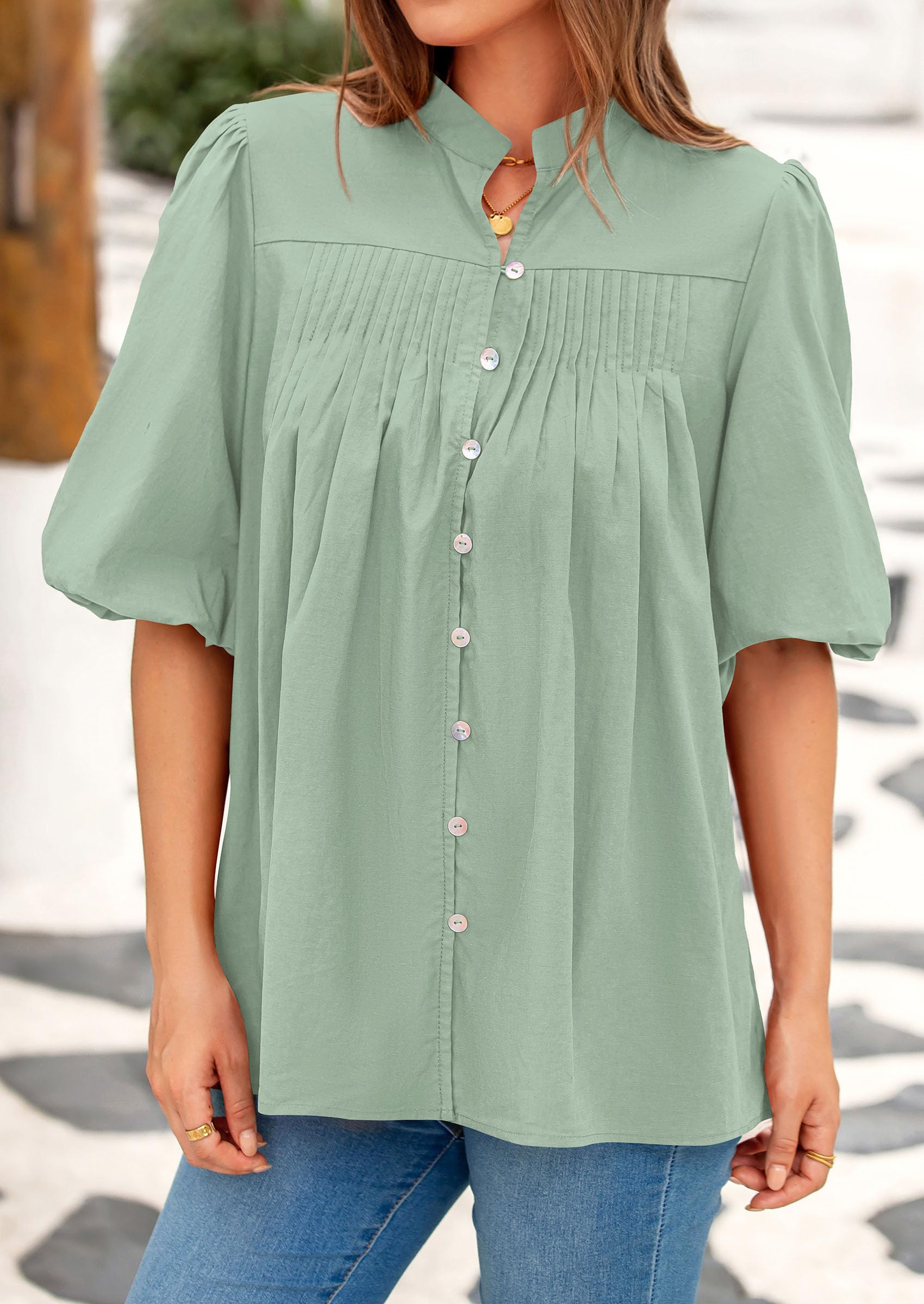 Women's Summer Short Lantern Sleeve Tops Loose Fit Button Down Shirt Casual Pleated V Neck Blouses