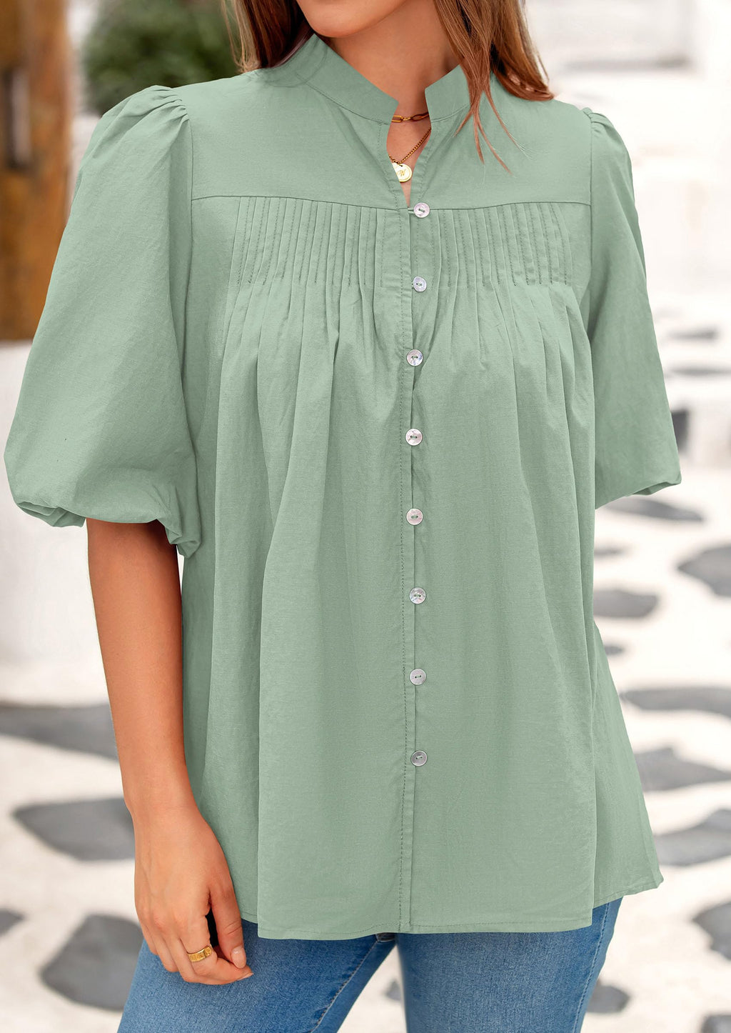 Women's Summer Short Lantern Sleeve Tops Loose Fit Button Down Shirt Casual Pleated V Neck Blouses