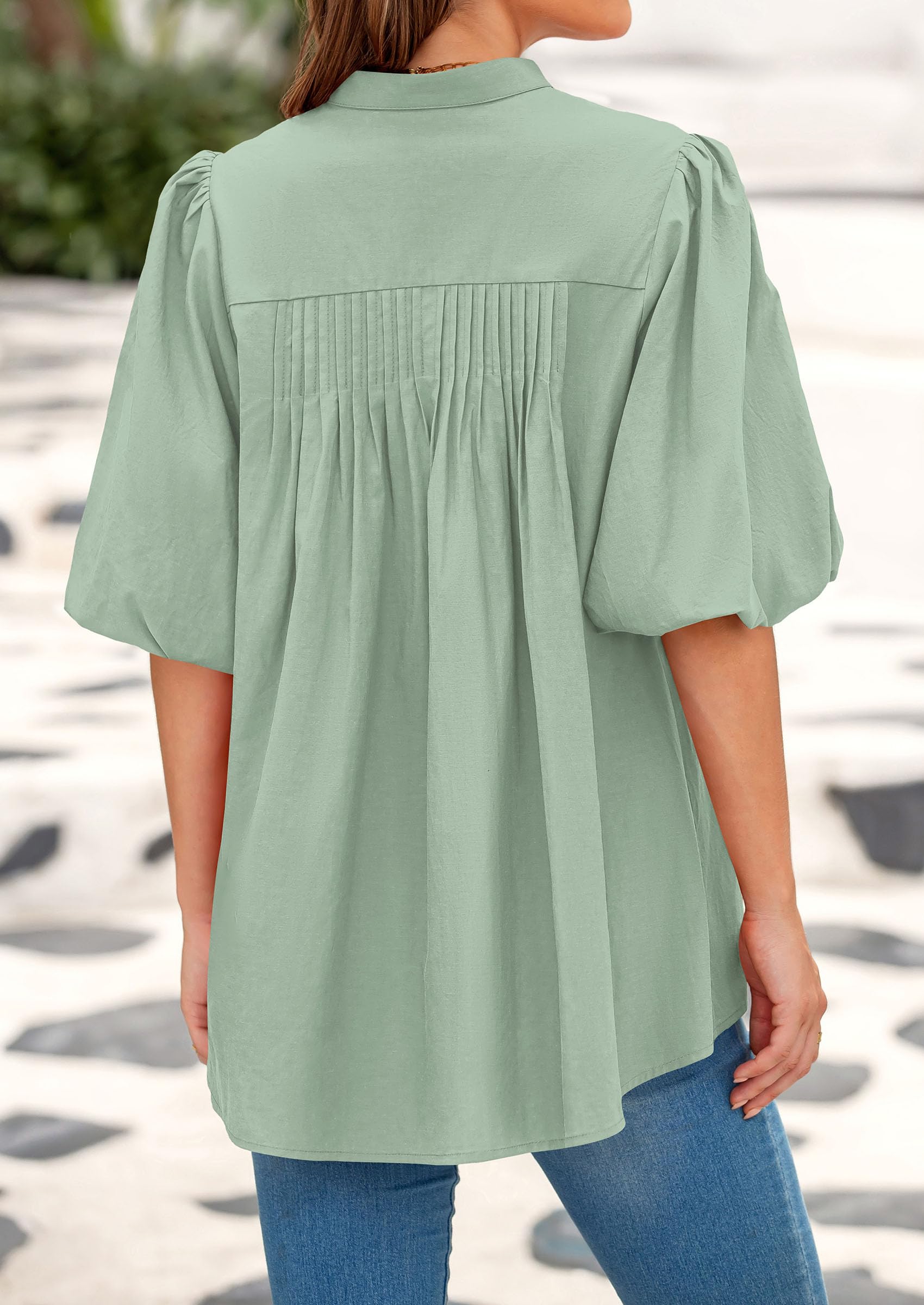 Women's Summer Short Lantern Sleeve Tops Loose Fit Button Down Shirt Casual Pleated V Neck Blouses