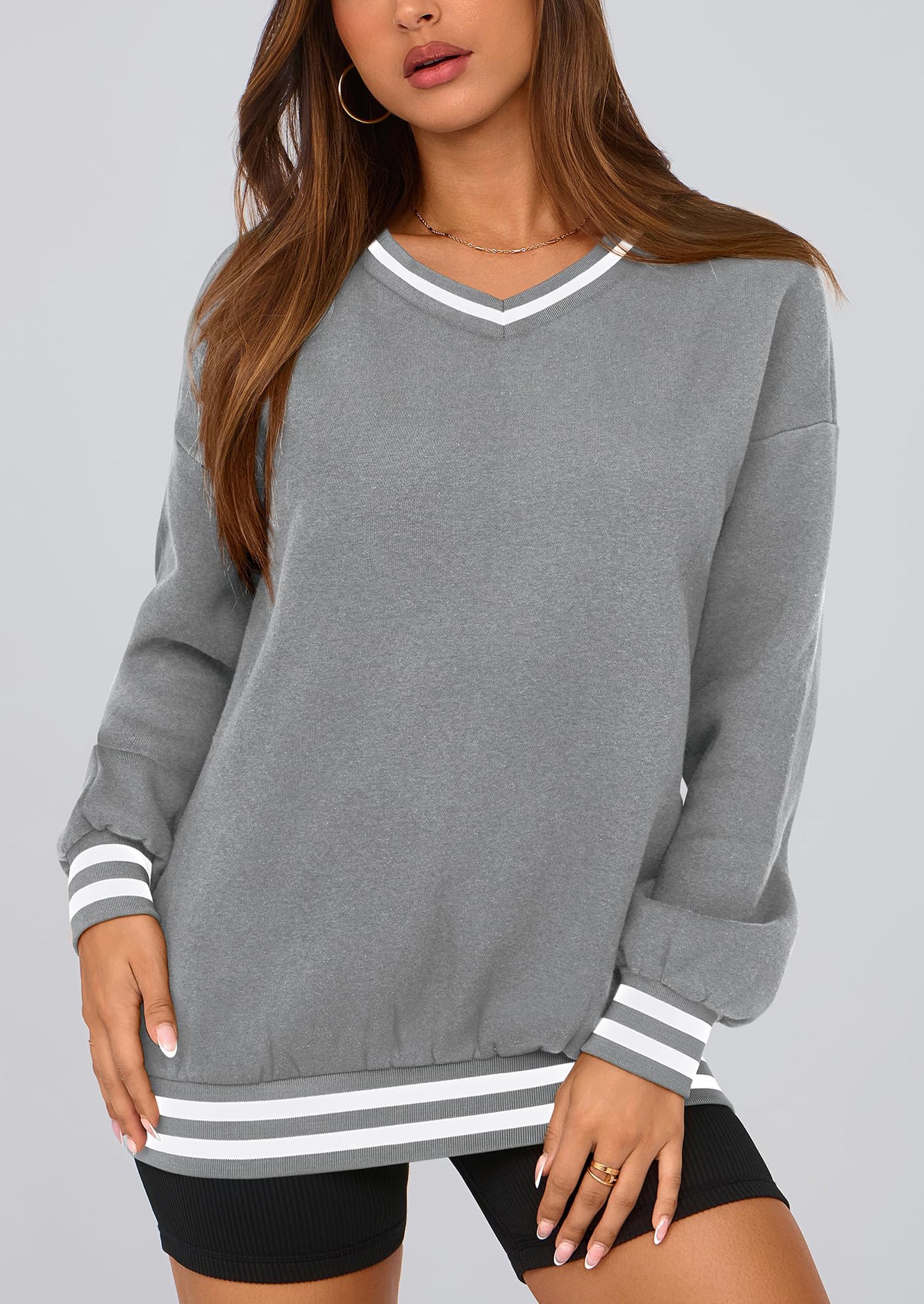 Women's Oversized Sweatshirts Casual Long Sleeve Stripes Knit V Neck Pullover Top Fall Teens Preppy Clothes