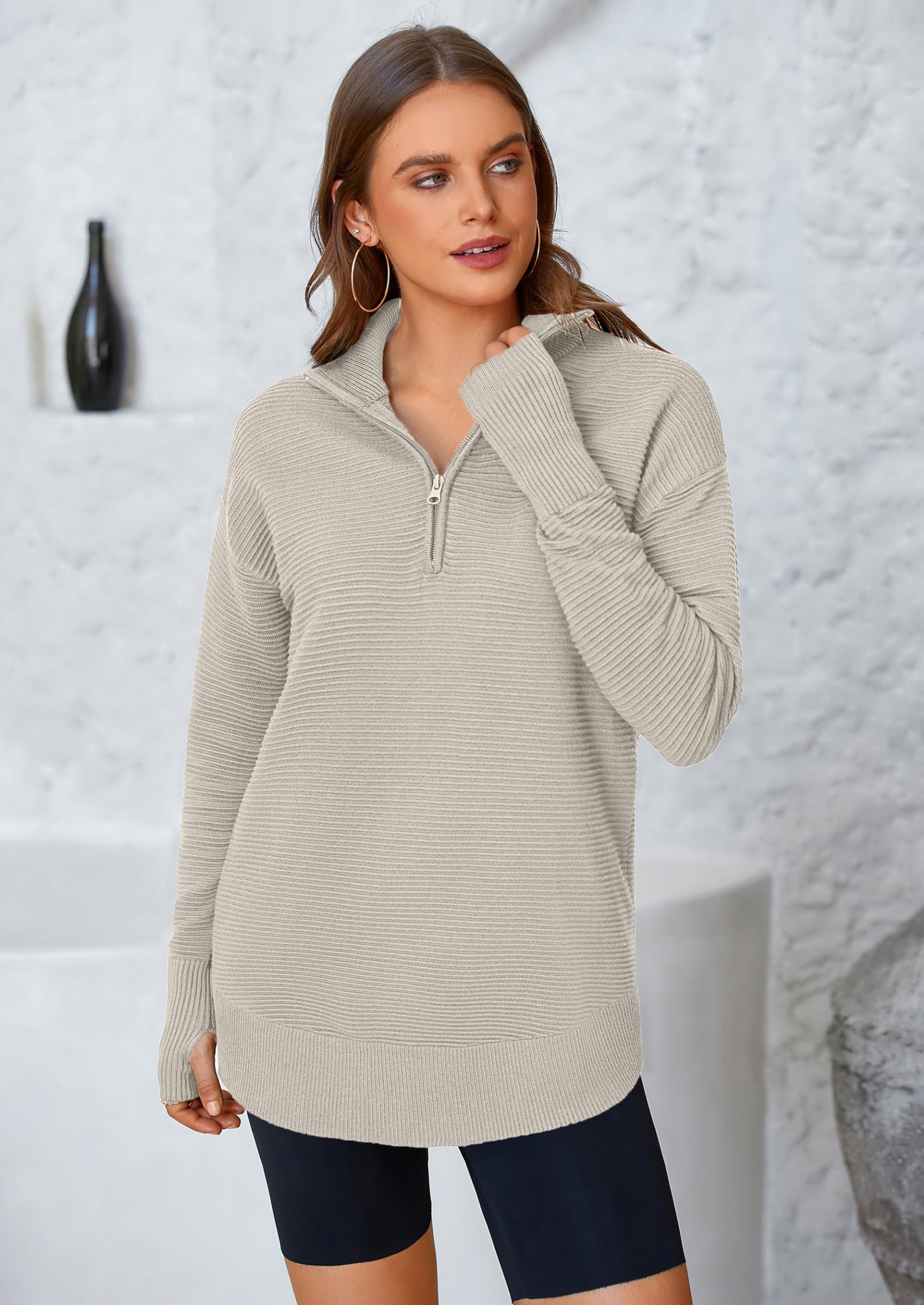 Womens Long Sleeve Quarter Zip Pullover Sweater Casual Loose V Neck Collared Ribbed Knit Jumper Tops Thumb Hole