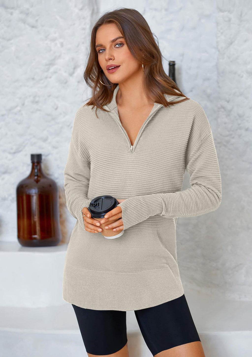 Womens Long Sleeve Quarter Zip Pullover Sweater Casual Loose V Neck Collared Ribbed Knit Jumper Tops Thumb Hole