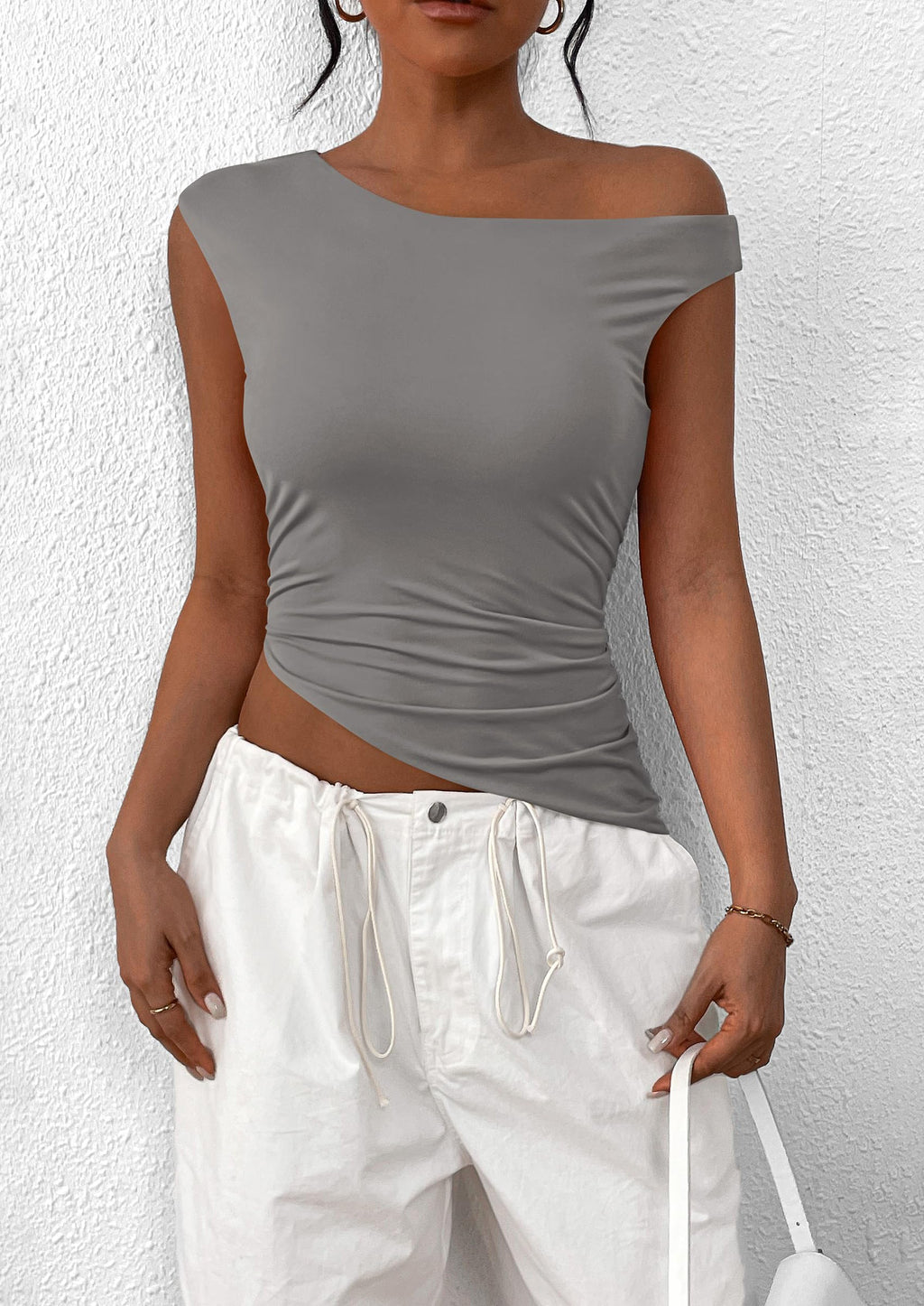 Womens Off The Shoulder Tops Summer Sleeveless One Shoulder Ruched Asymmetrical Y2K Going Out Crop Tank Top