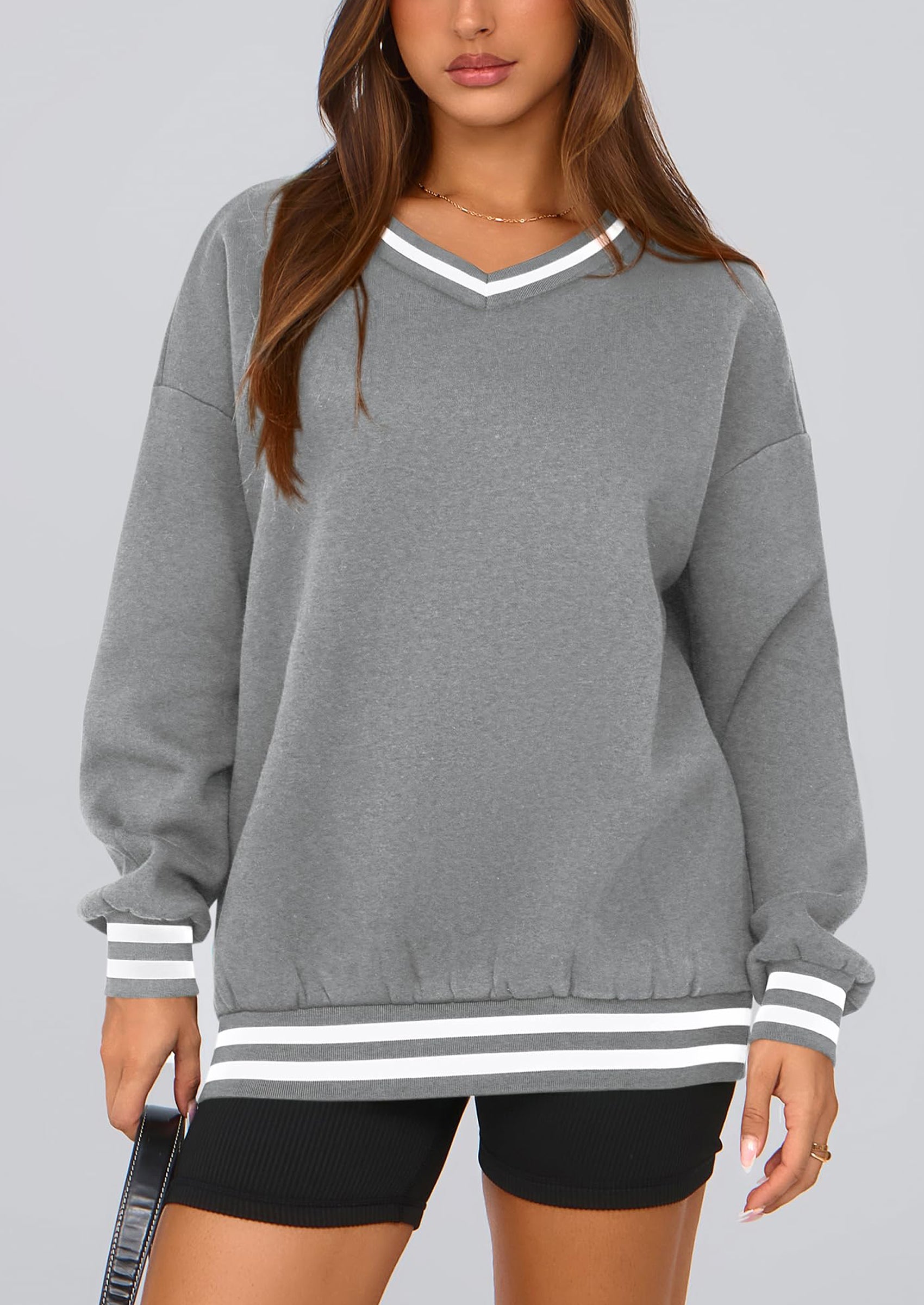 Women's Oversized Sweatshirts Casual Long Sleeve Stripes Knit V Neck Pullover Top Fall Teens Preppy Clothes