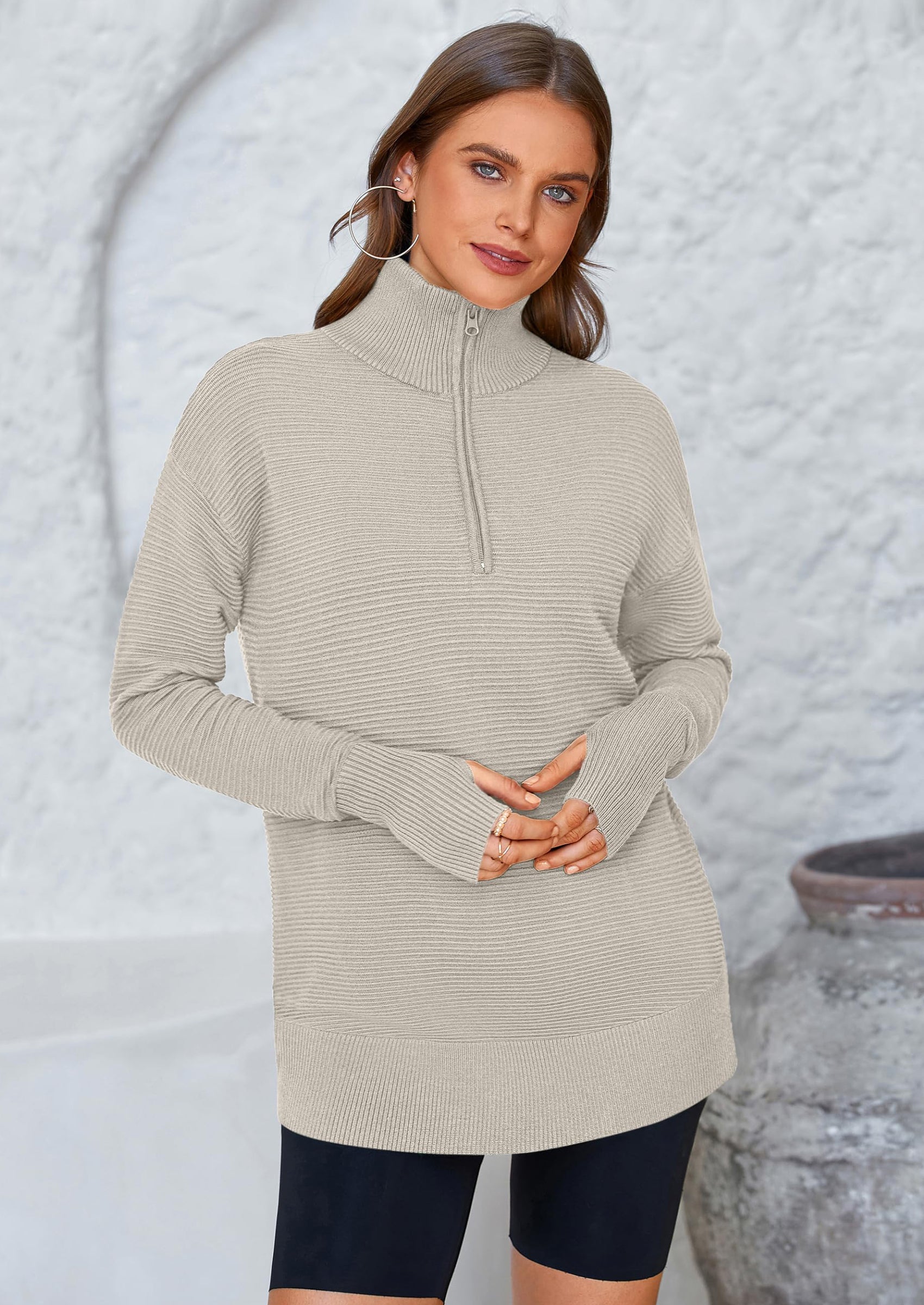 Womens Long Sleeve Quarter Zip Pullover Sweater Casual Loose V Neck Collared Ribbed Knit Jumper Tops Thumb Hole