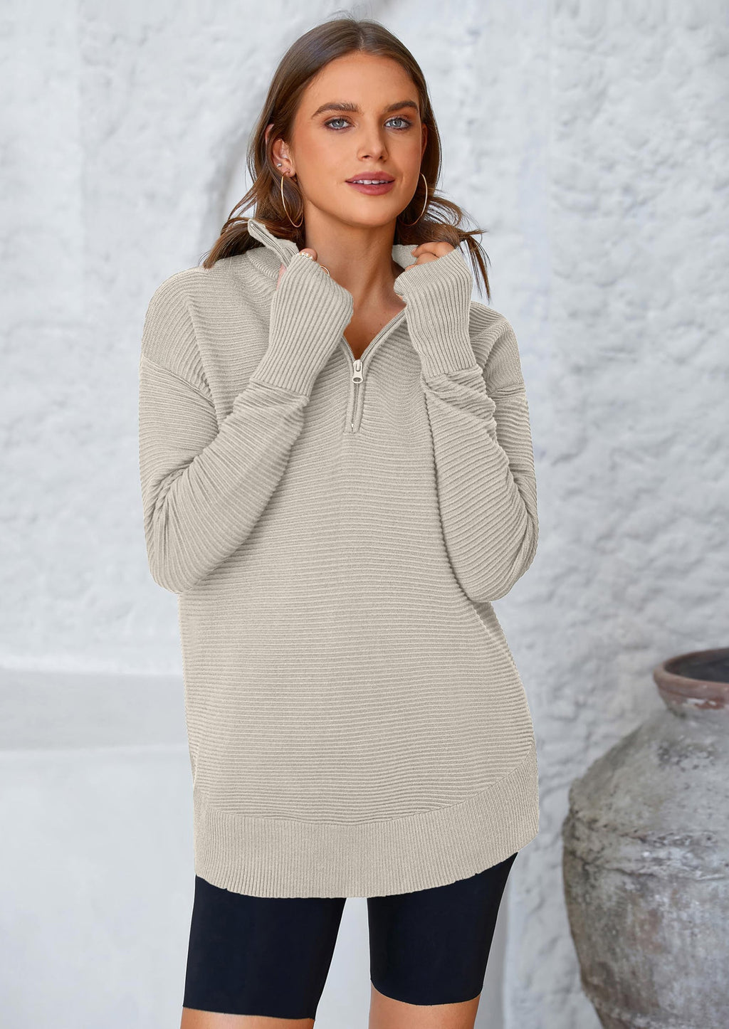 Womens Long Sleeve Quarter Zip Pullover Sweater Casual Loose V Neck Collared Ribbed Knit Jumper Tops Thumb Hole