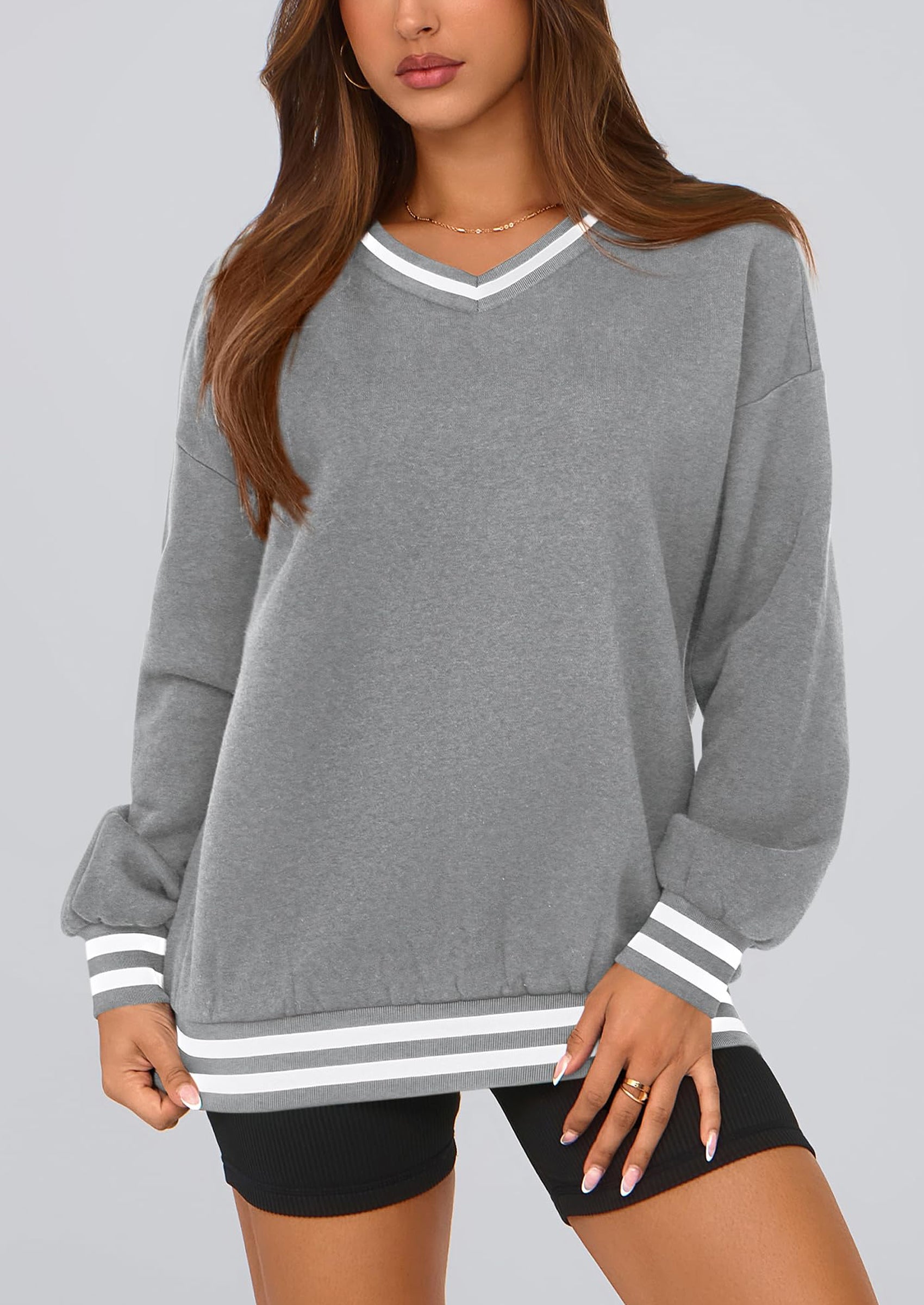 Women's Oversized Sweatshirts Casual Long Sleeve Stripes Knit V Neck Pullover Top Fall Teens Preppy Clothes