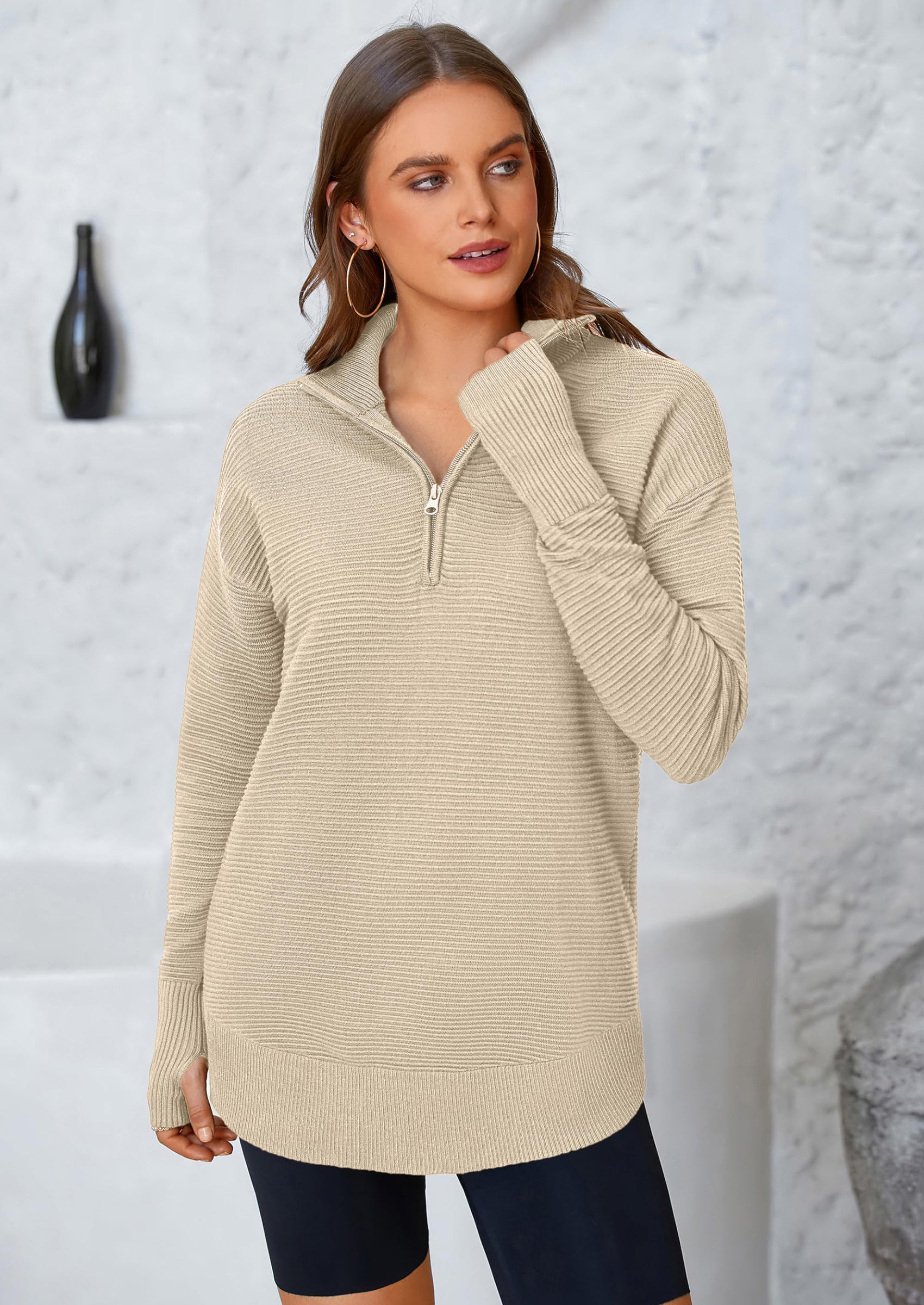 Womens Long Sleeve Quarter Zip Pullover Sweater Casual Loose V Neck Collared Ribbed Knit Jumper Tops Thumb Hole