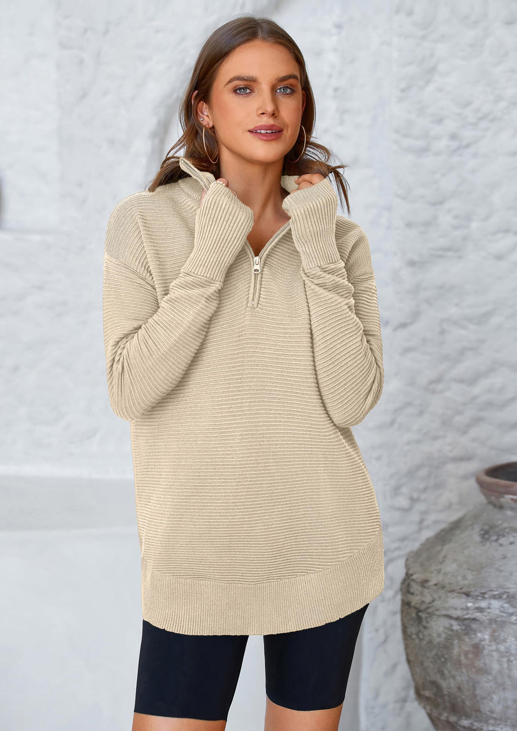 Womens Long Sleeve Quarter Zip Pullover Sweater Casual Loose V Neck Collared Ribbed Knit Jumper Tops Thumb Hole
