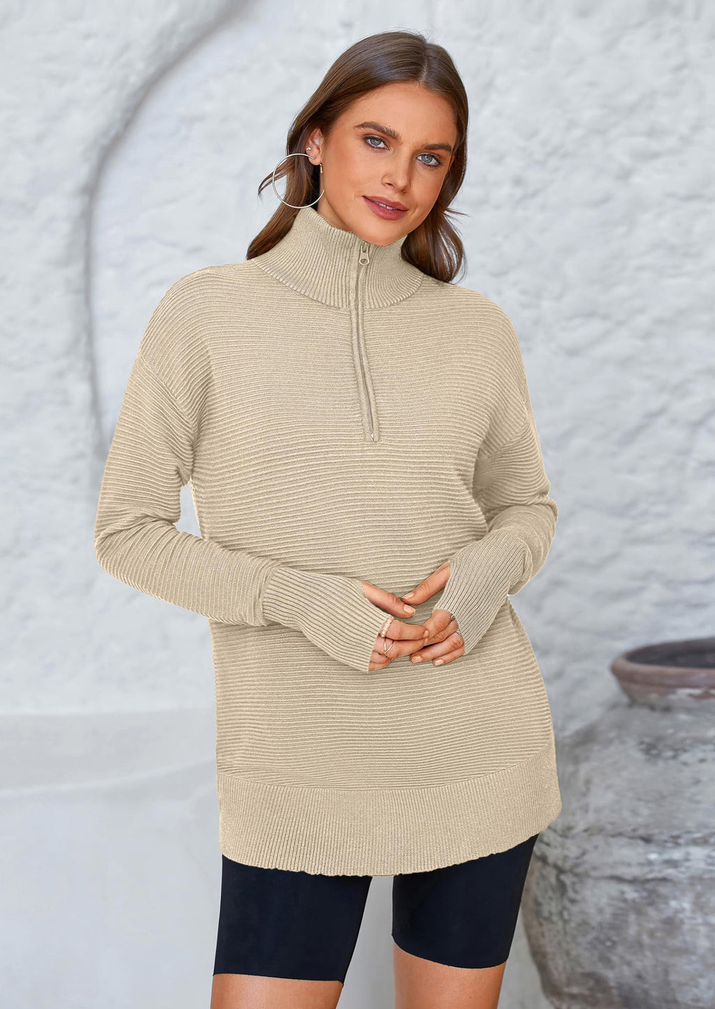 Womens Long Sleeve Quarter Zip Pullover Sweater Casual Loose V Neck Collared Ribbed Knit Jumper Tops Thumb Hole