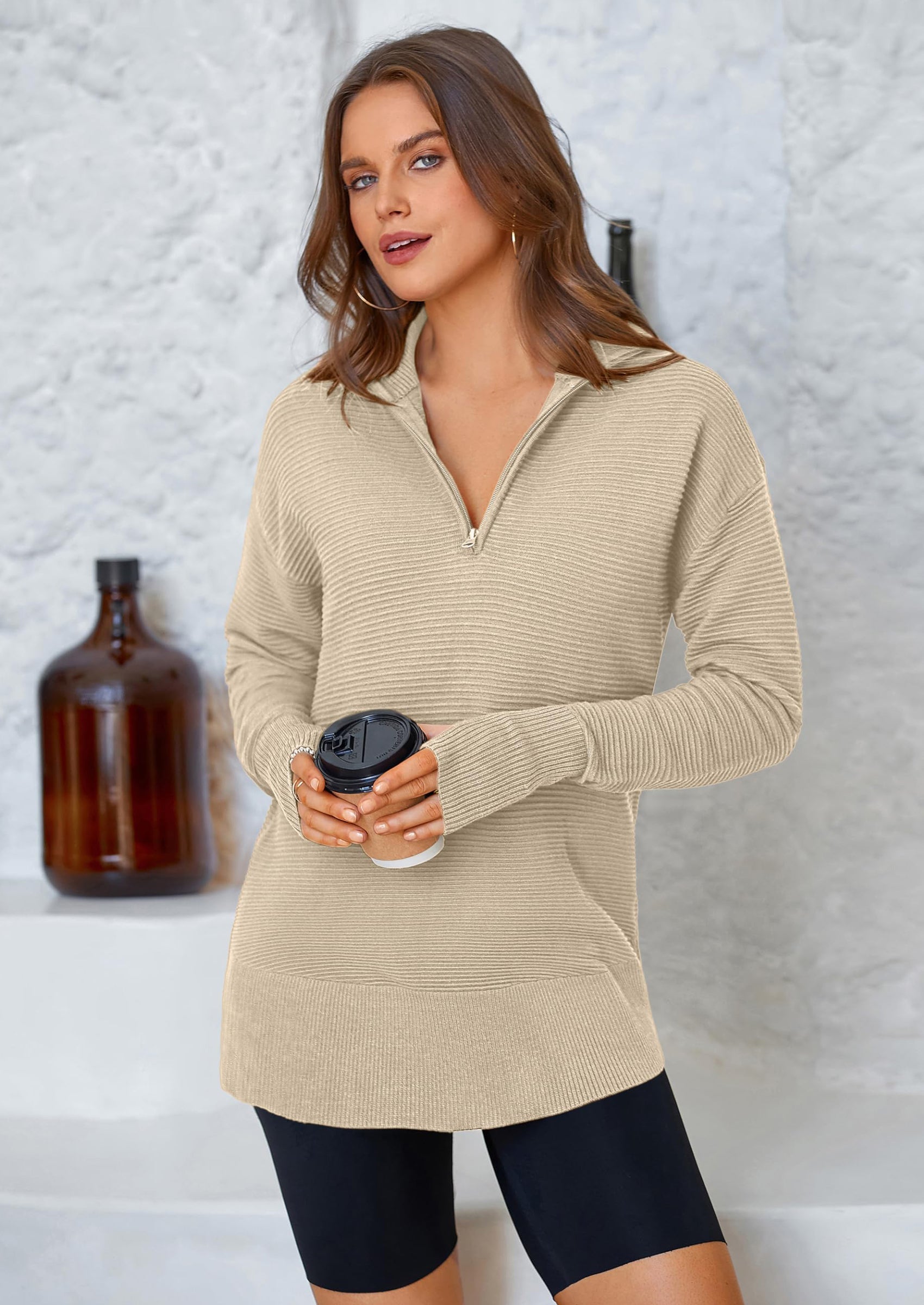 Womens Long Sleeve Quarter Zip Pullover Sweater Casual Loose V Neck Collared Ribbed Knit Jumper Tops Thumb Hole