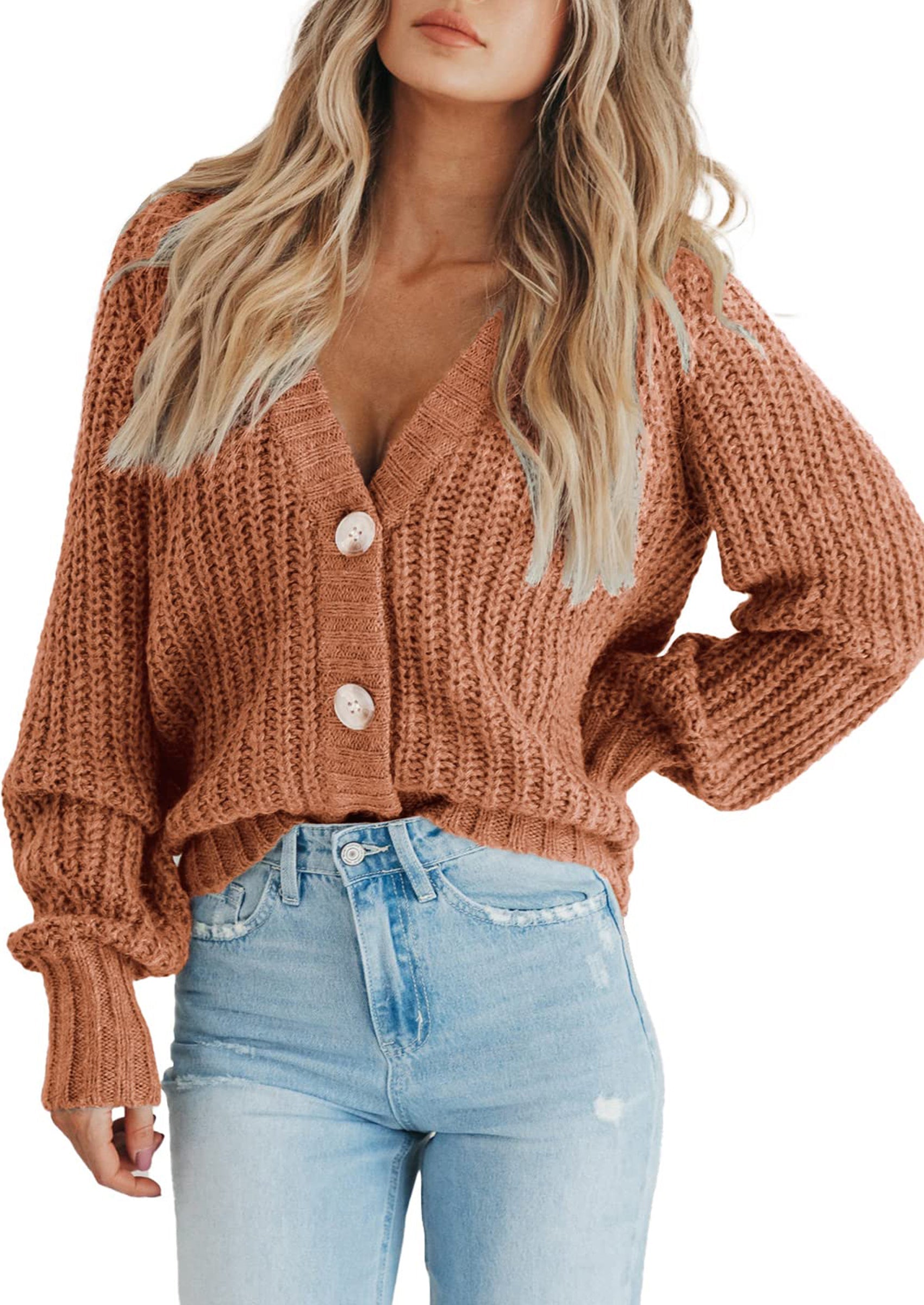 Women's Chunky Knit Open Front Sweater Long Sleeve Button Loose Short Cardigan Outerwear Coats