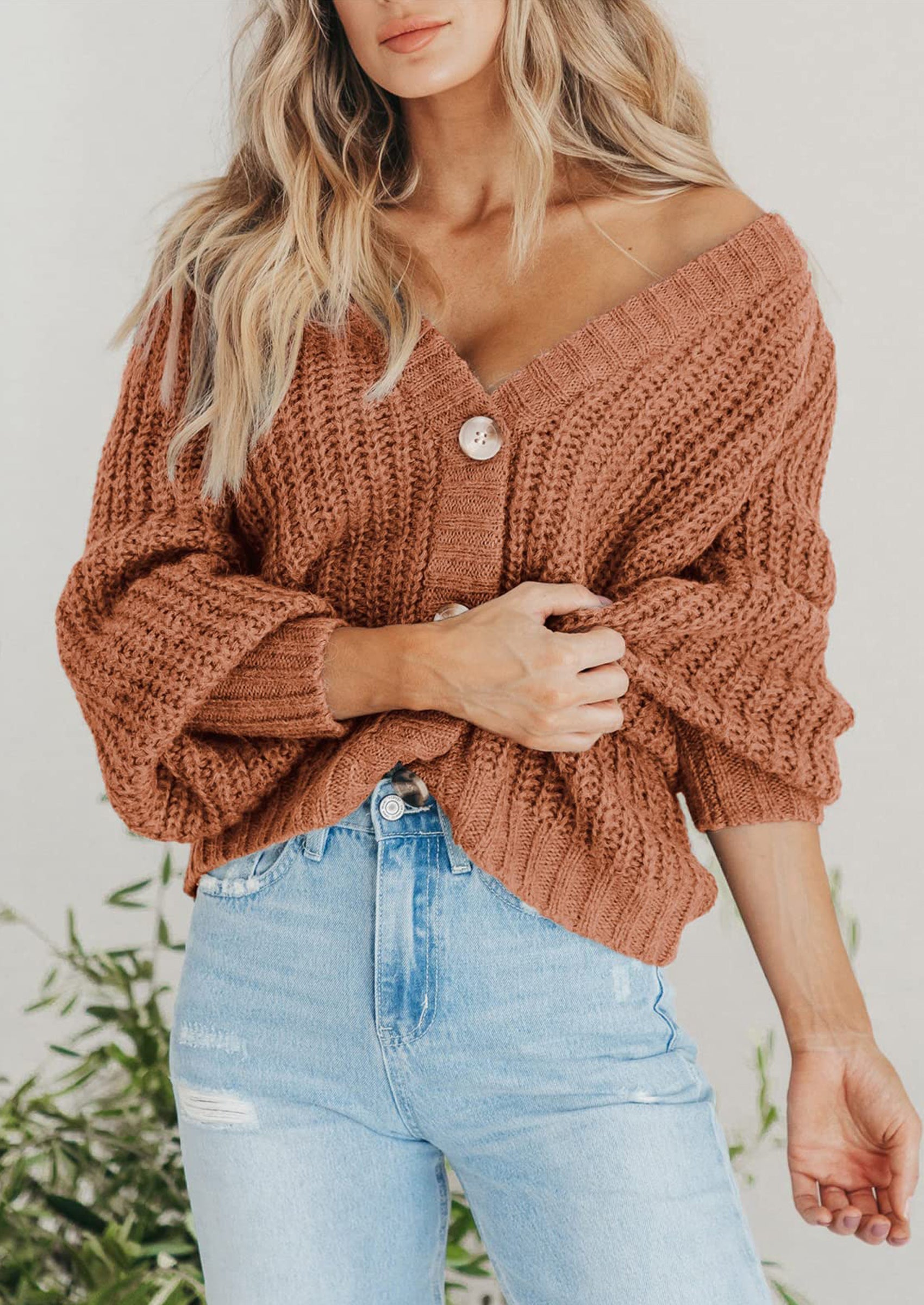 Women's Chunky Knit Open Front Sweater Long Sleeve Button Loose Short Cardigan Outerwear Coats