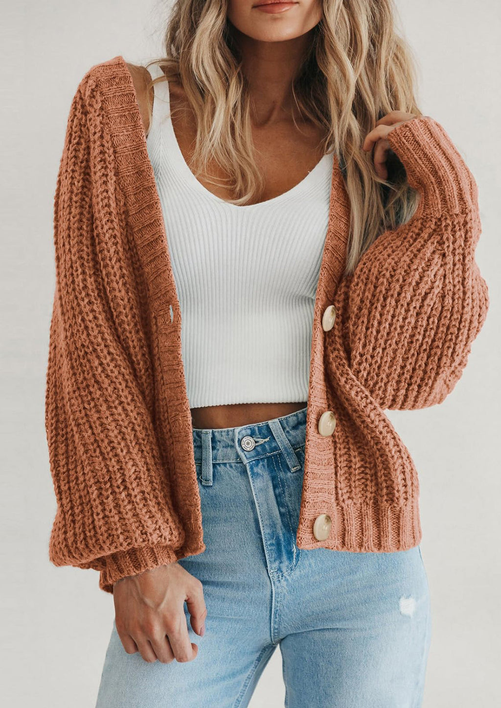 Women's Chunky Knit Open Front Sweater Long Sleeve Button Loose Short Cardigan Outerwear Coats