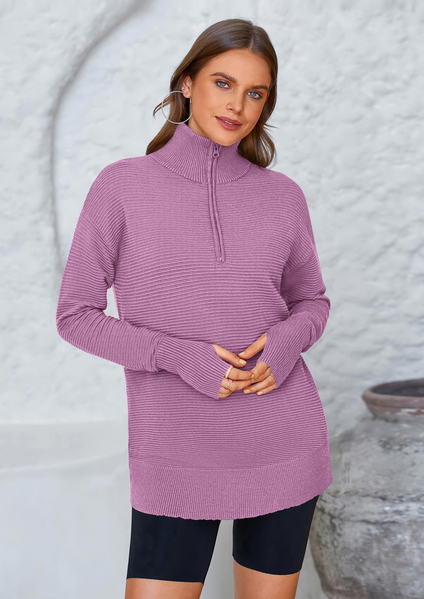 Womens Long Sleeve Quarter Zip Pullover Sweater Casual Loose V Neck Collared Ribbed Knit Jumper Tops Thumb Hole