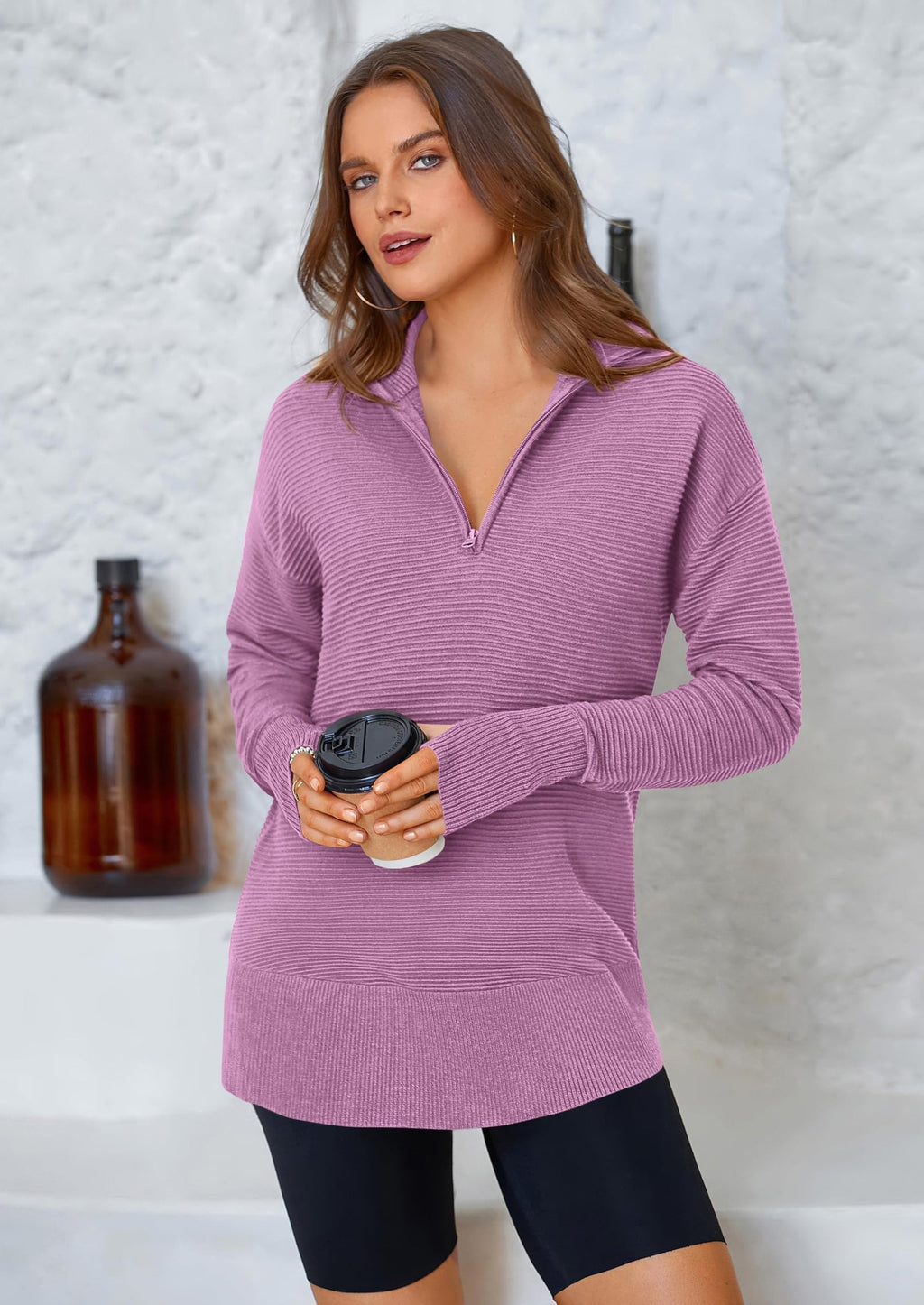 Womens Long Sleeve Quarter Zip Pullover Sweater Casual Loose V Neck Collared Ribbed Knit Jumper Tops Thumb Hole