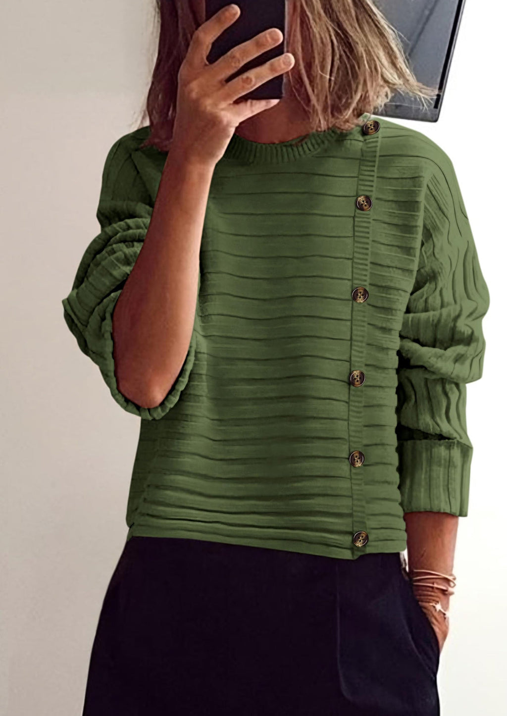 Womens Sweaters Fall Casual Long Sleeve Crewneck Button Loose Winter Knit Pullover Sweater Tops