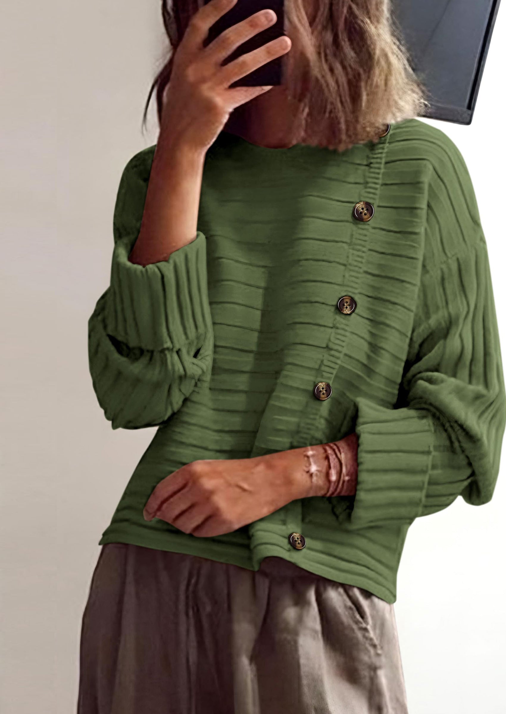 Womens Sweaters Fall Casual Long Sleeve Crewneck Button Loose Winter Knit Pullover Sweater Tops