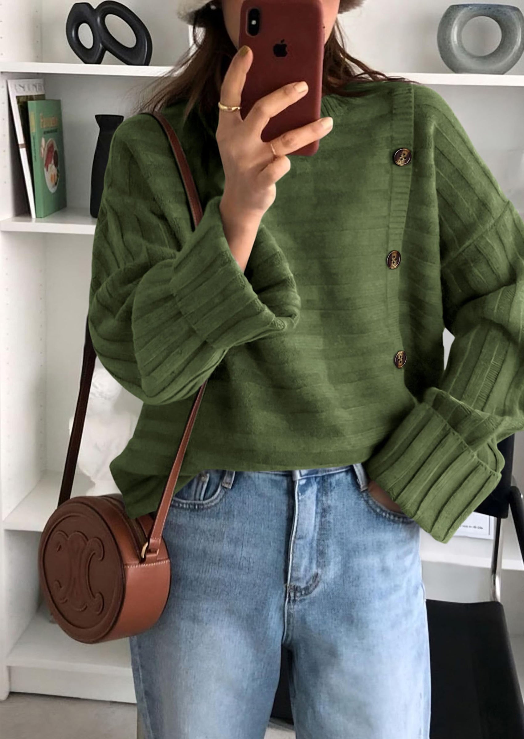 Womens Sweaters Fall Casual Long Sleeve Crewneck Button Loose Winter Knit Pullover Sweater Tops