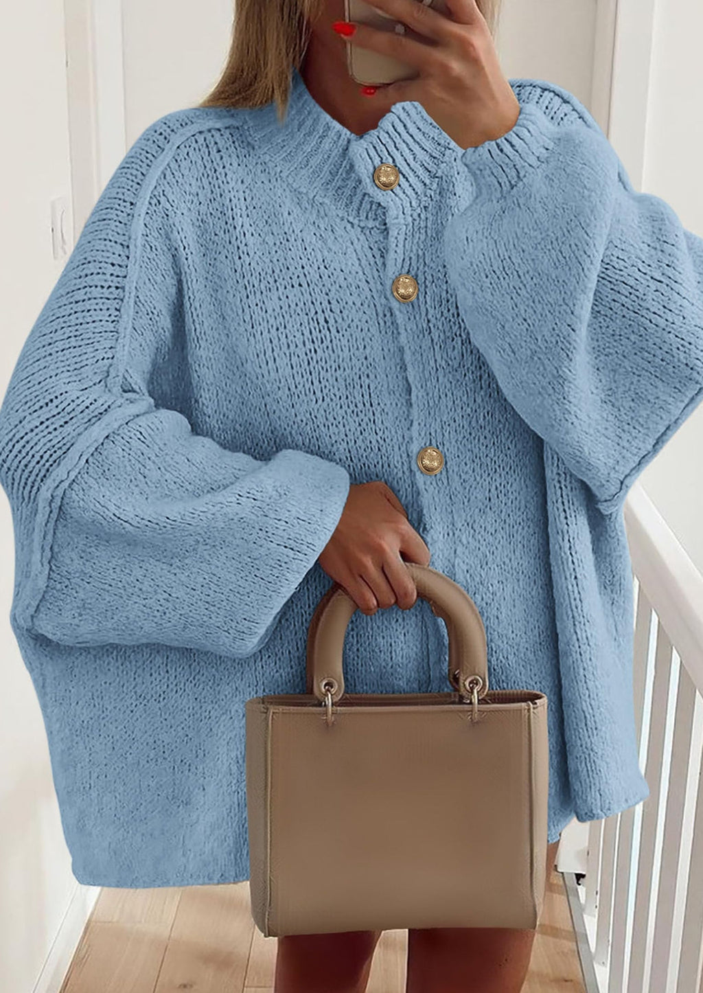 Women's Winter Button Down Cardigan Sweaters Mock Neck Lantern Long Sleeve Chunky Knit Jacket Trendy Outerwear