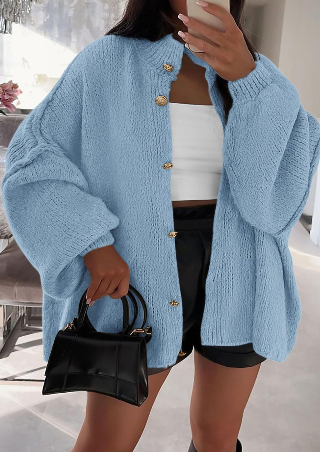 Women's Winter Button Down Cardigan Sweaters Mock Neck Lantern Long Sleeve Chunky Knit Jacket Trendy Outerwear