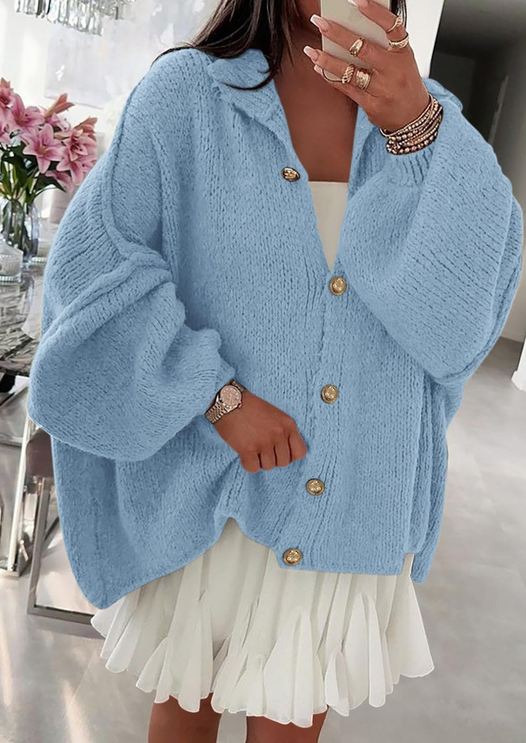 Women's Winter Button Down Cardigan Sweaters Mock Neck Lantern Long Sleeve Chunky Knit Jacket Trendy Outerwear