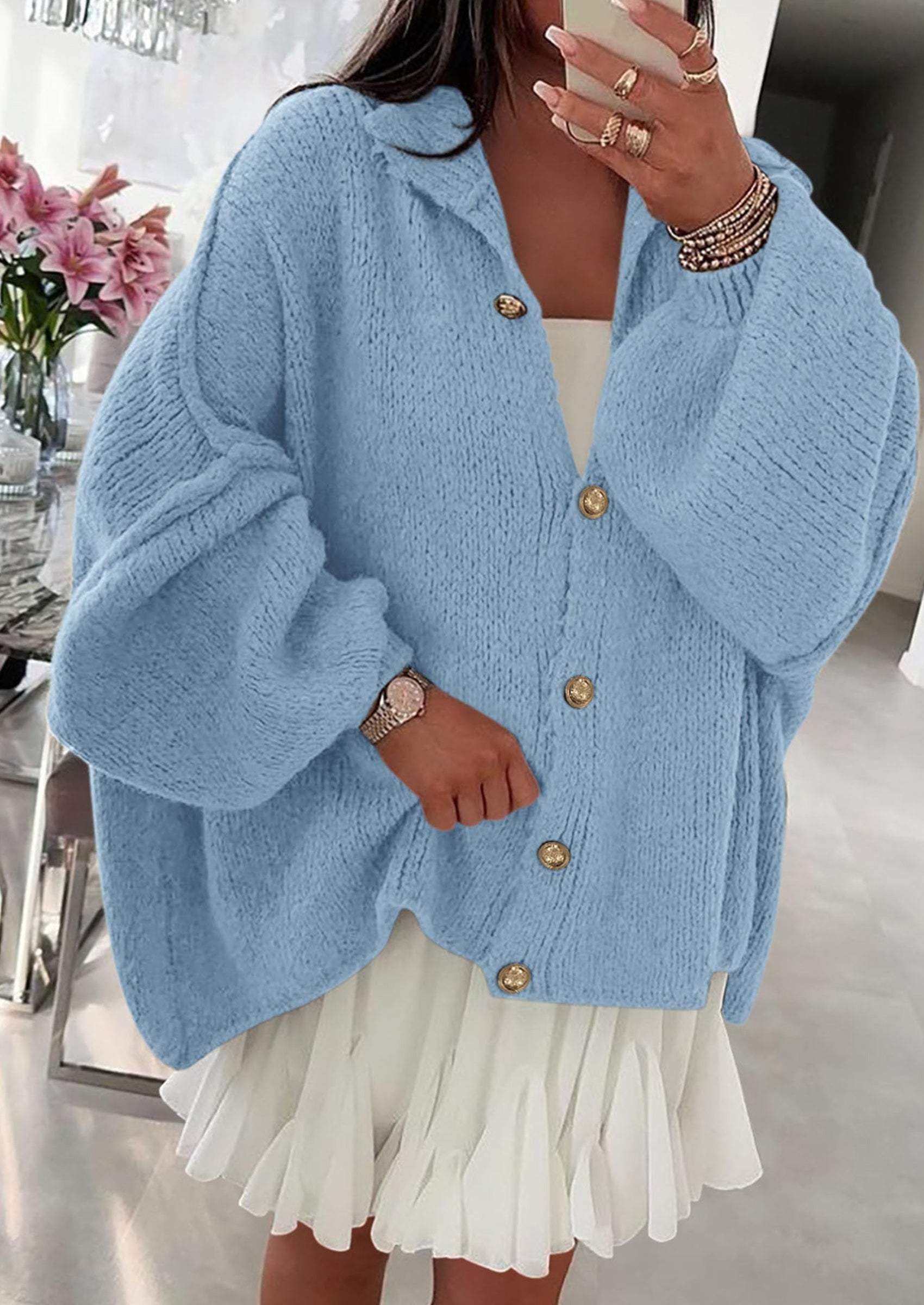 Women's Winter Button Down Cardigan Sweaters Mock Neck Lantern Long Sleeve Chunky Knit Jacket Trendy Outerwear