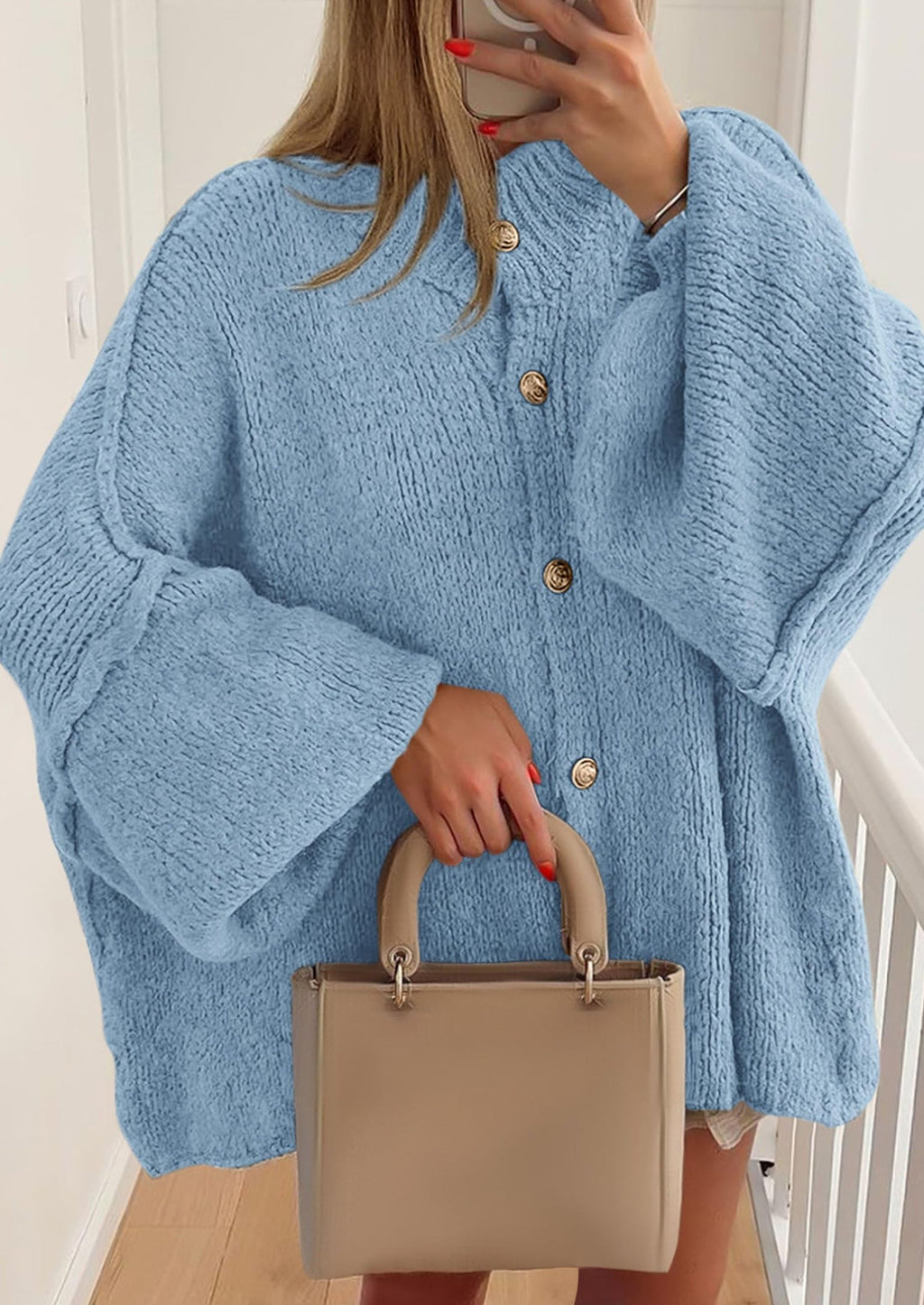 Women's Winter Button Down Cardigan Sweaters Mock Neck Lantern Long Sleeve Chunky Knit Jacket Trendy Outerwear