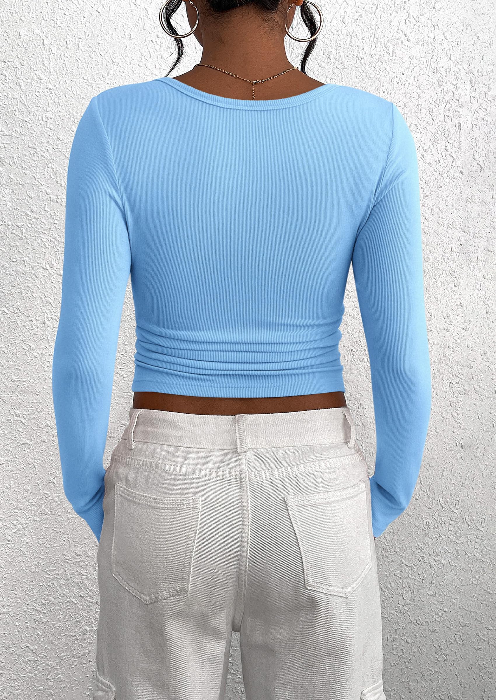 Women's Spring Fall Long Sleeve Henley T Shirts Button Ribbed Knit Slim Fit Casual Basic Tops Blouse