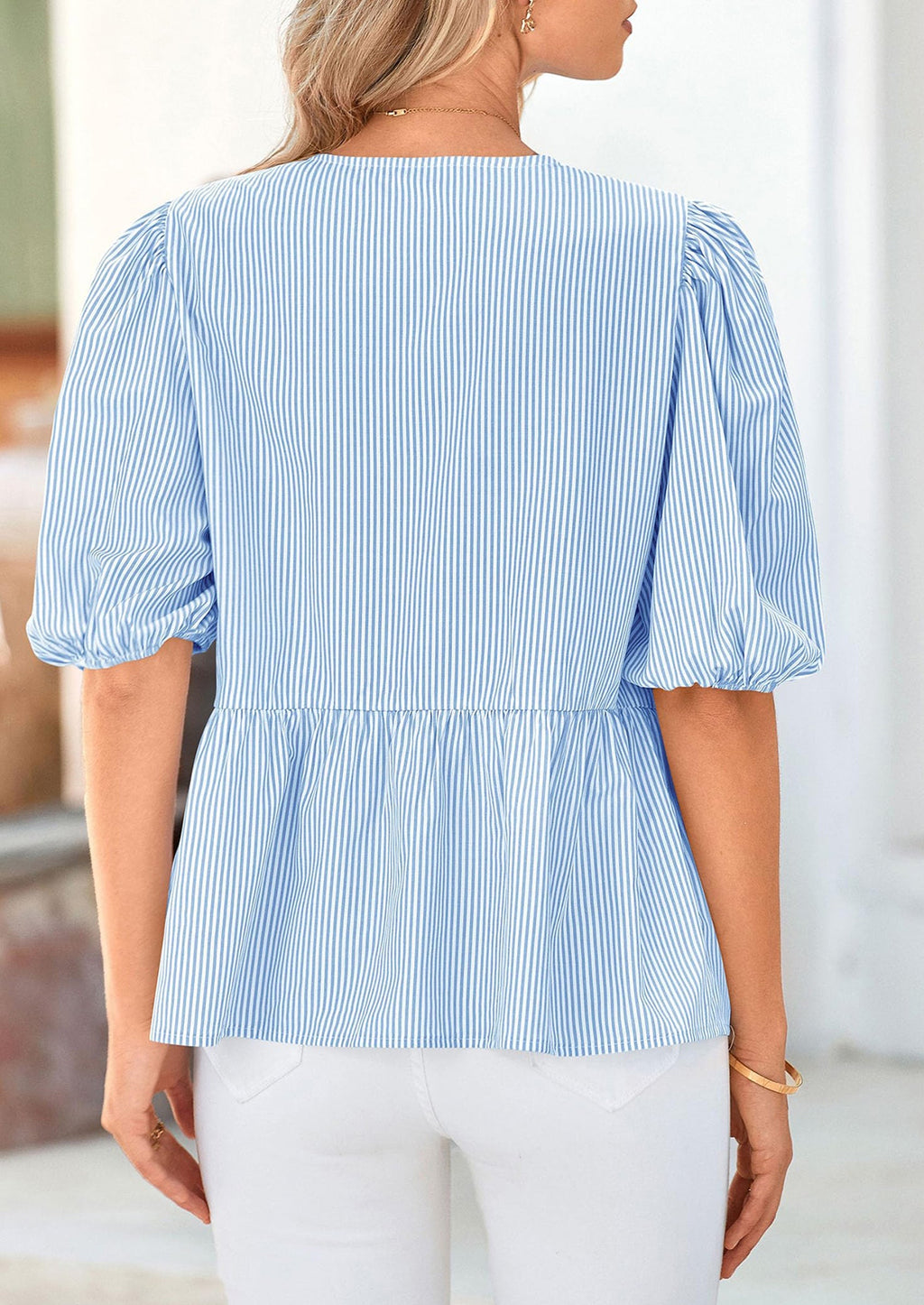 Women's Tie Front Striped Shirt Summer Trendy Fashion Cute Babydoll Tops Peplum Puffy Sleeve Blouse