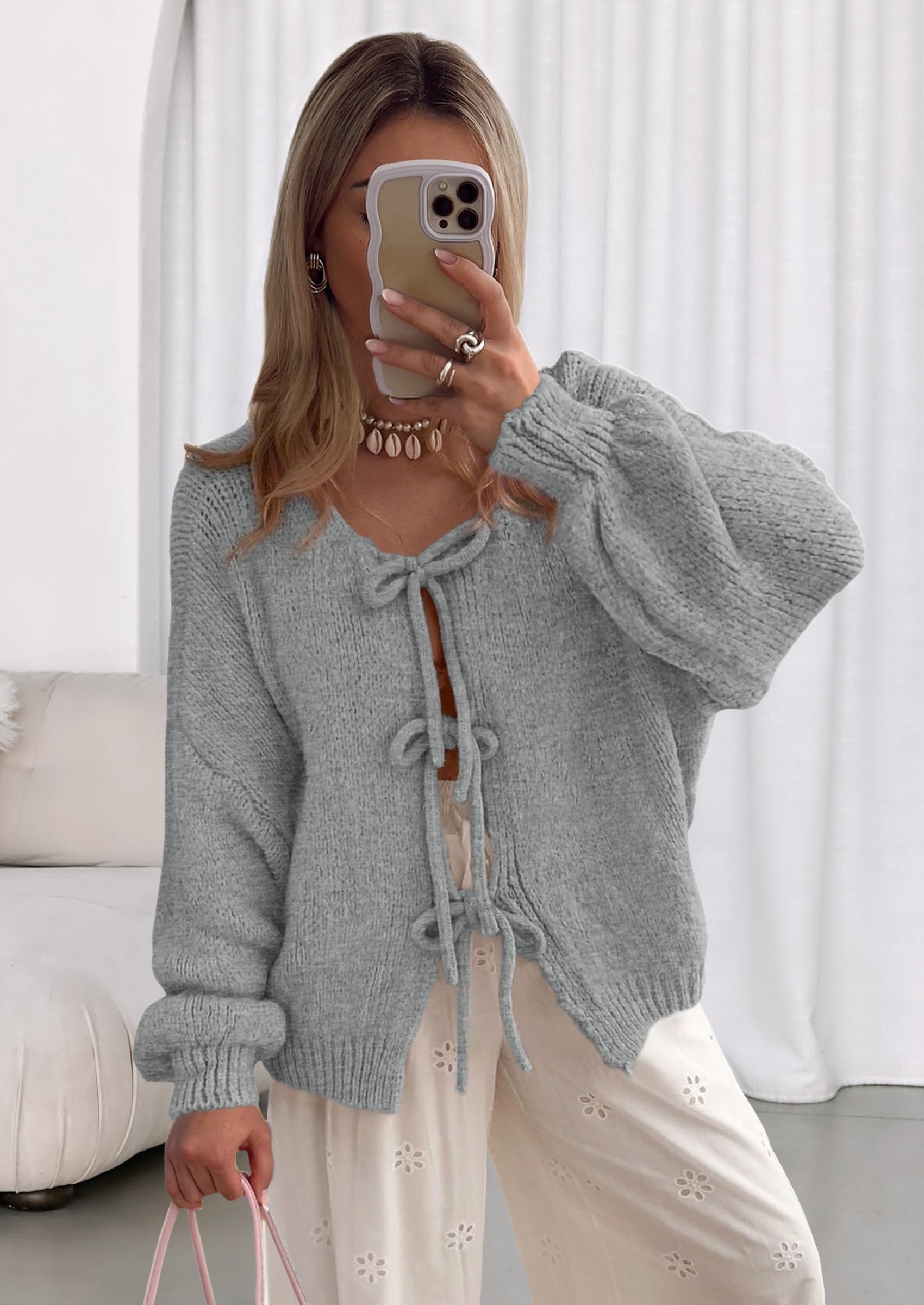 Women's Tie Front Bow Cardigan Sweaters Chunky Knit Long Puff Sleeve Trendy Fall Winter Jacket Coats