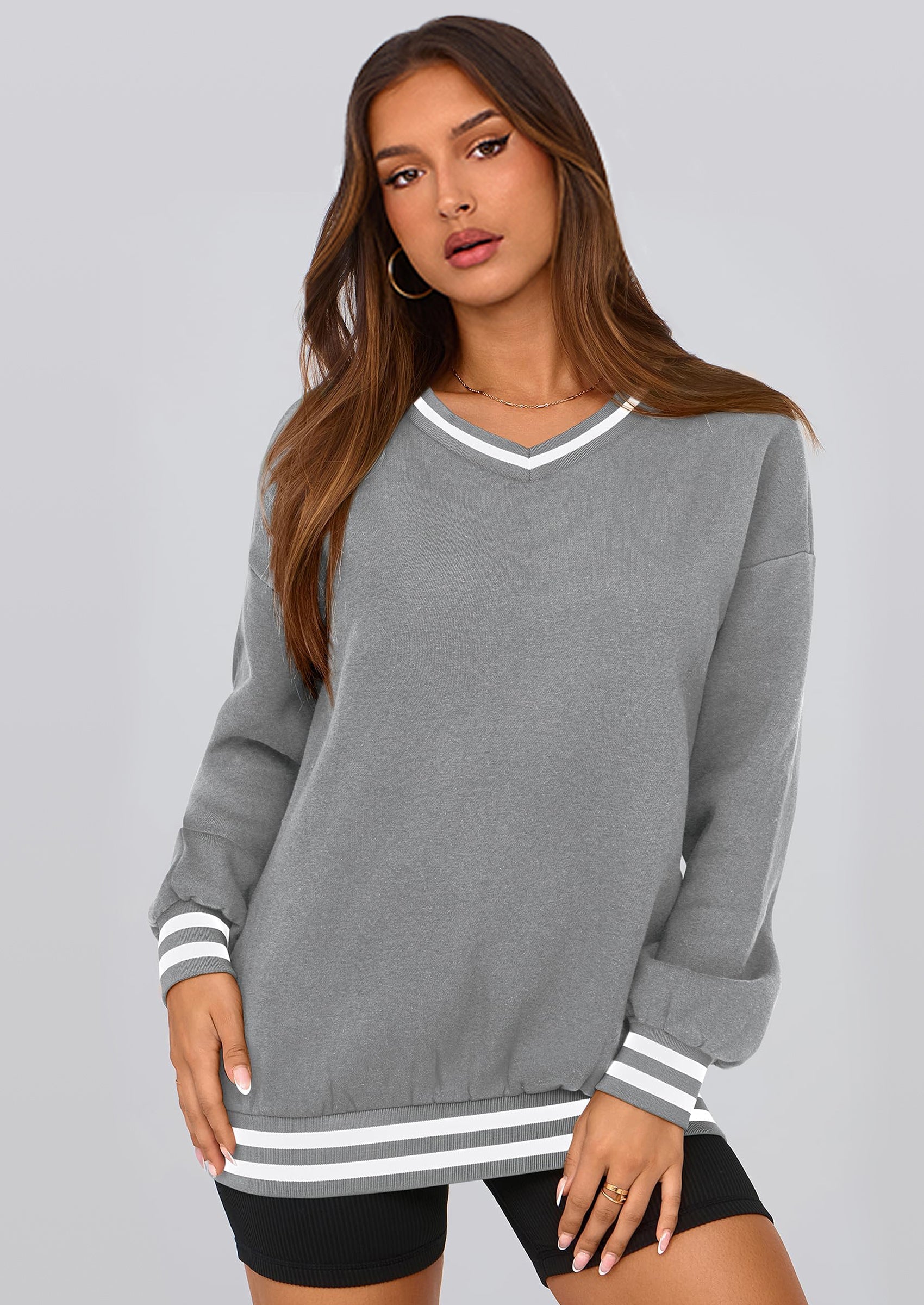 Women's Oversized Sweatshirts Casual Long Sleeve Stripes Knit V Neck Pullover Top Fall Teens Preppy Clothes