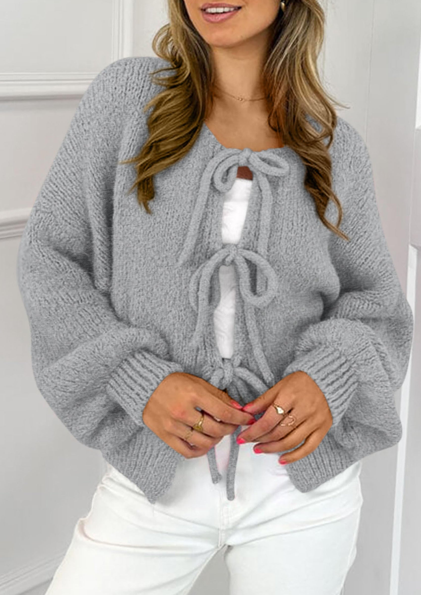 Women's Tie Front Bow Cardigan Sweaters Chunky Knit Long Puff Sleeve Trendy Fall Winter Jacket Coats